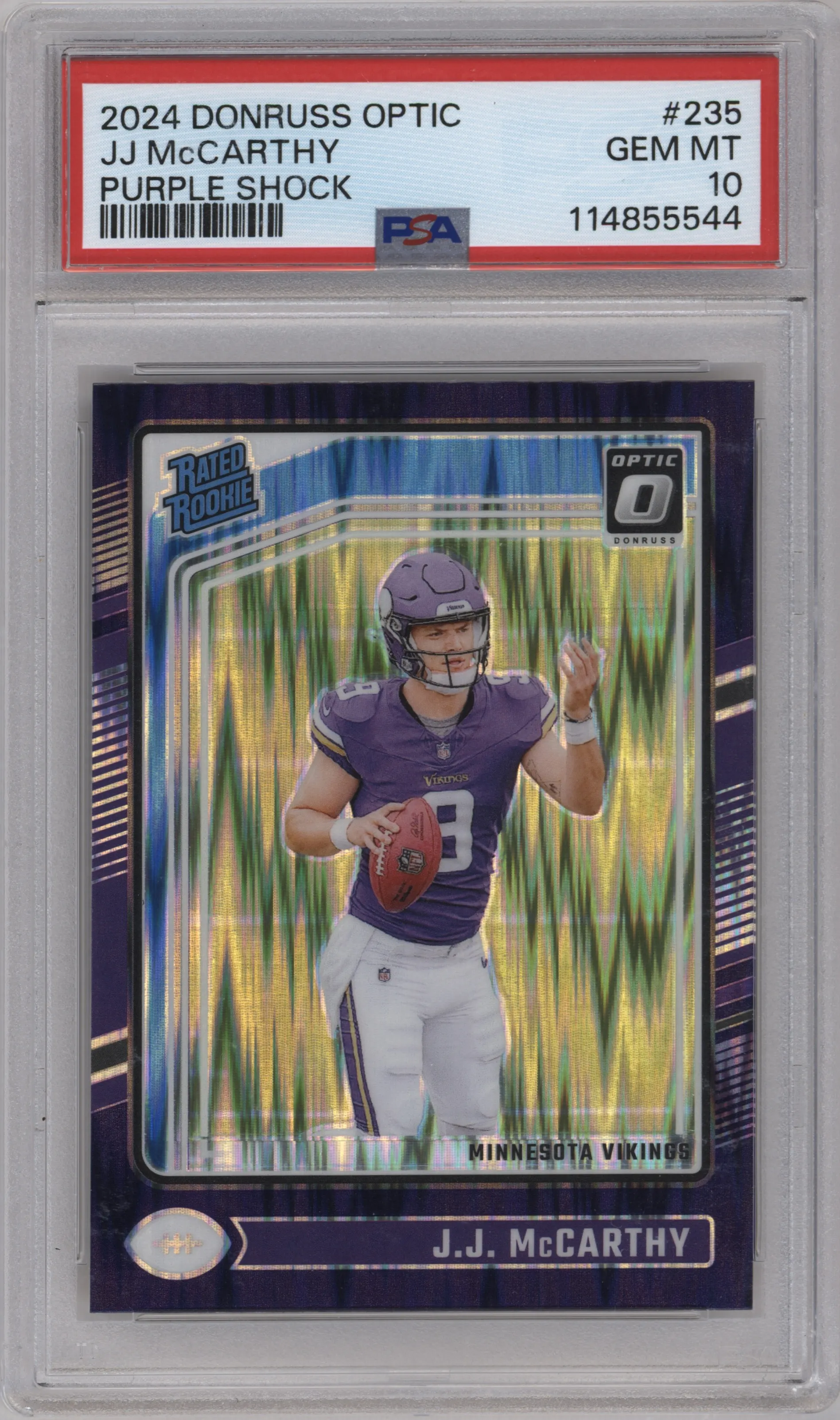 J.J. McCarthy from the 2024 Donruss Optic set featuring a Purple Shock parallel graded by PSA and given an overall grade of 10.