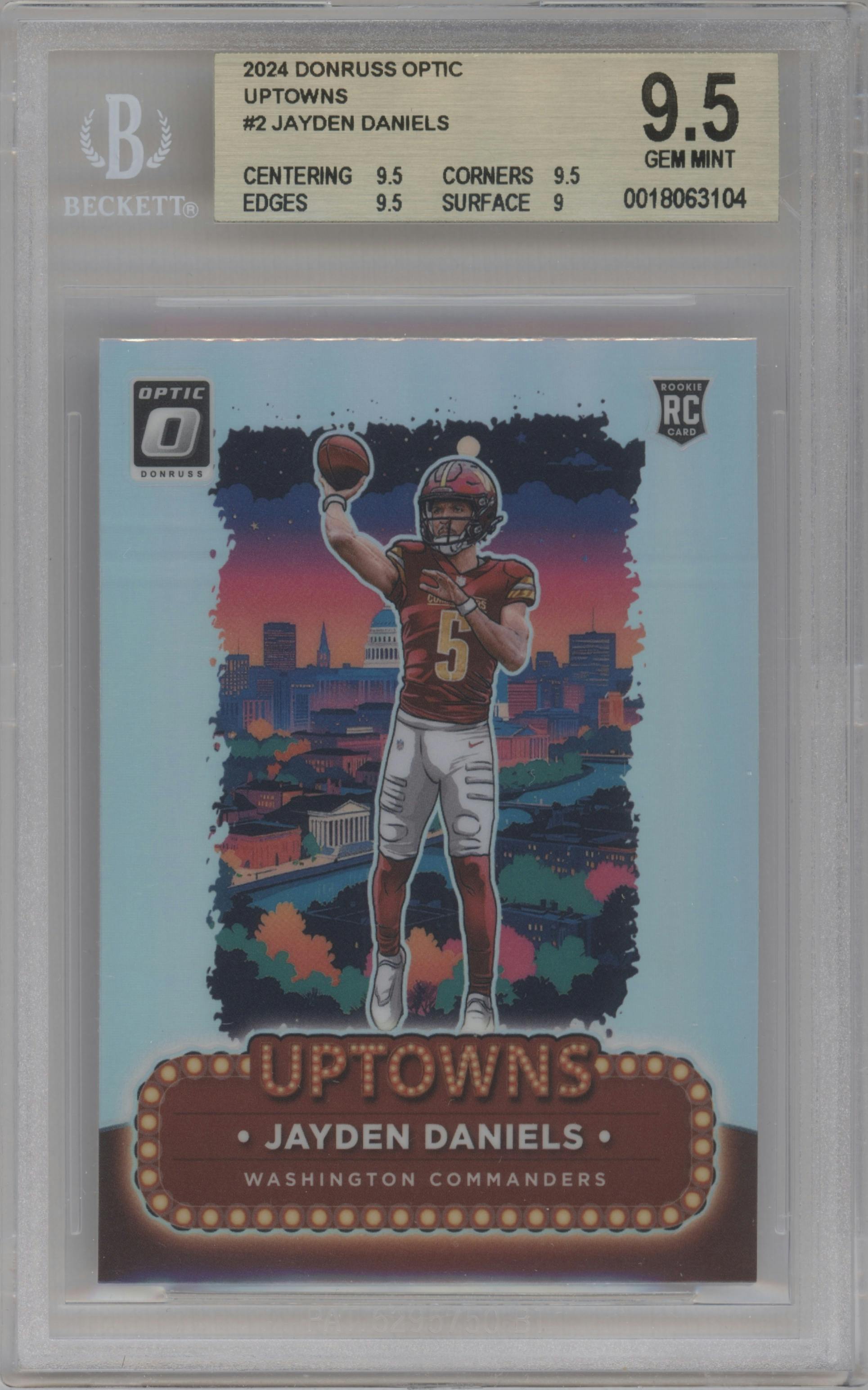 Jayden Daniels from the 2024 Donruss Optic set graded by Beckett and given an overall grade of 9.5.