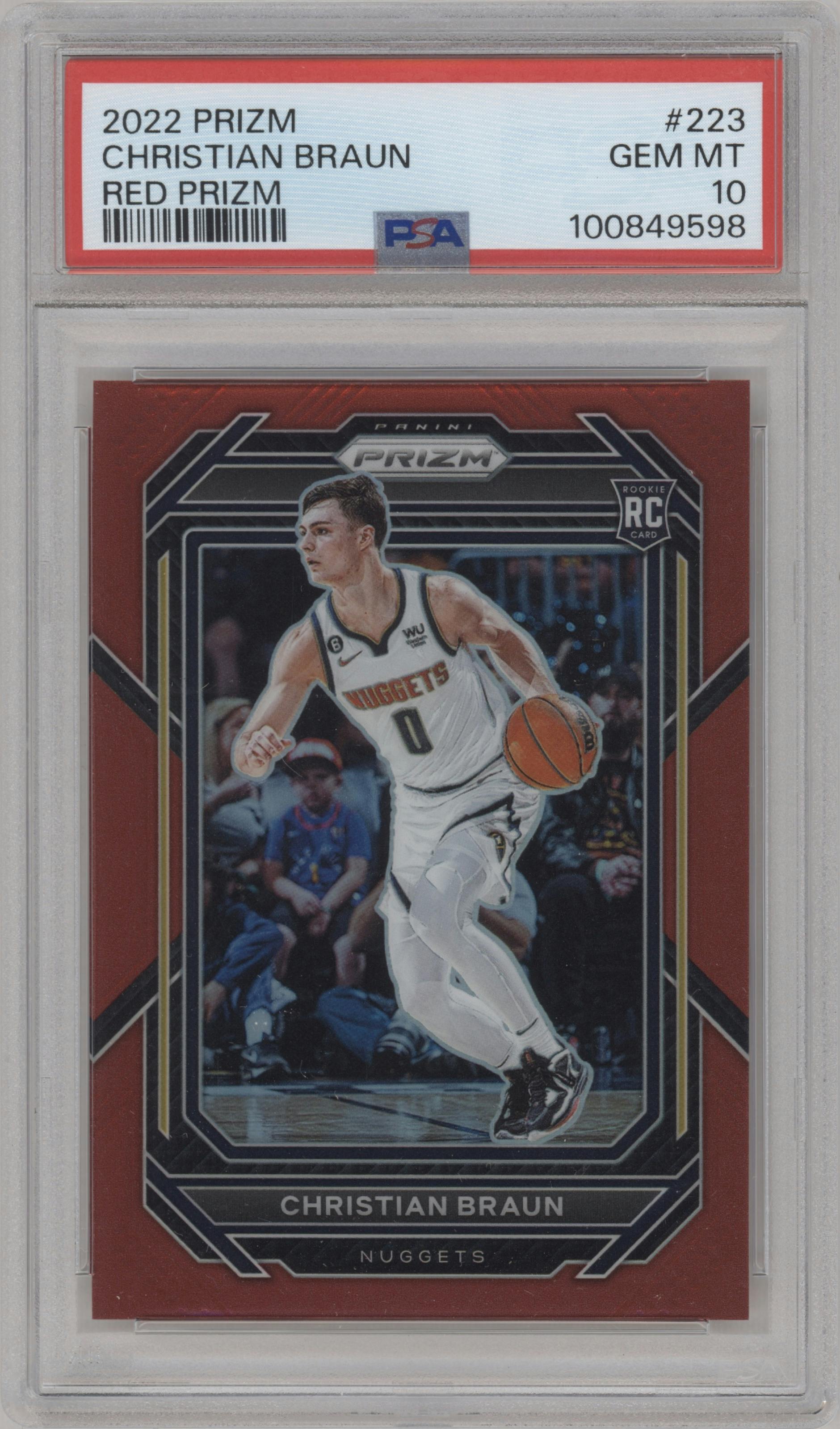 Christian Braun from the 2022-23 Panini Prizm  set featuring a Red Prizm parallel graded by PSA and given an overall grade of 10.