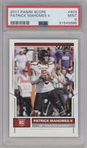 Patrick Mahomes II from the 2017 Panini Score set graded by PSA and given an overall grade of 9.
