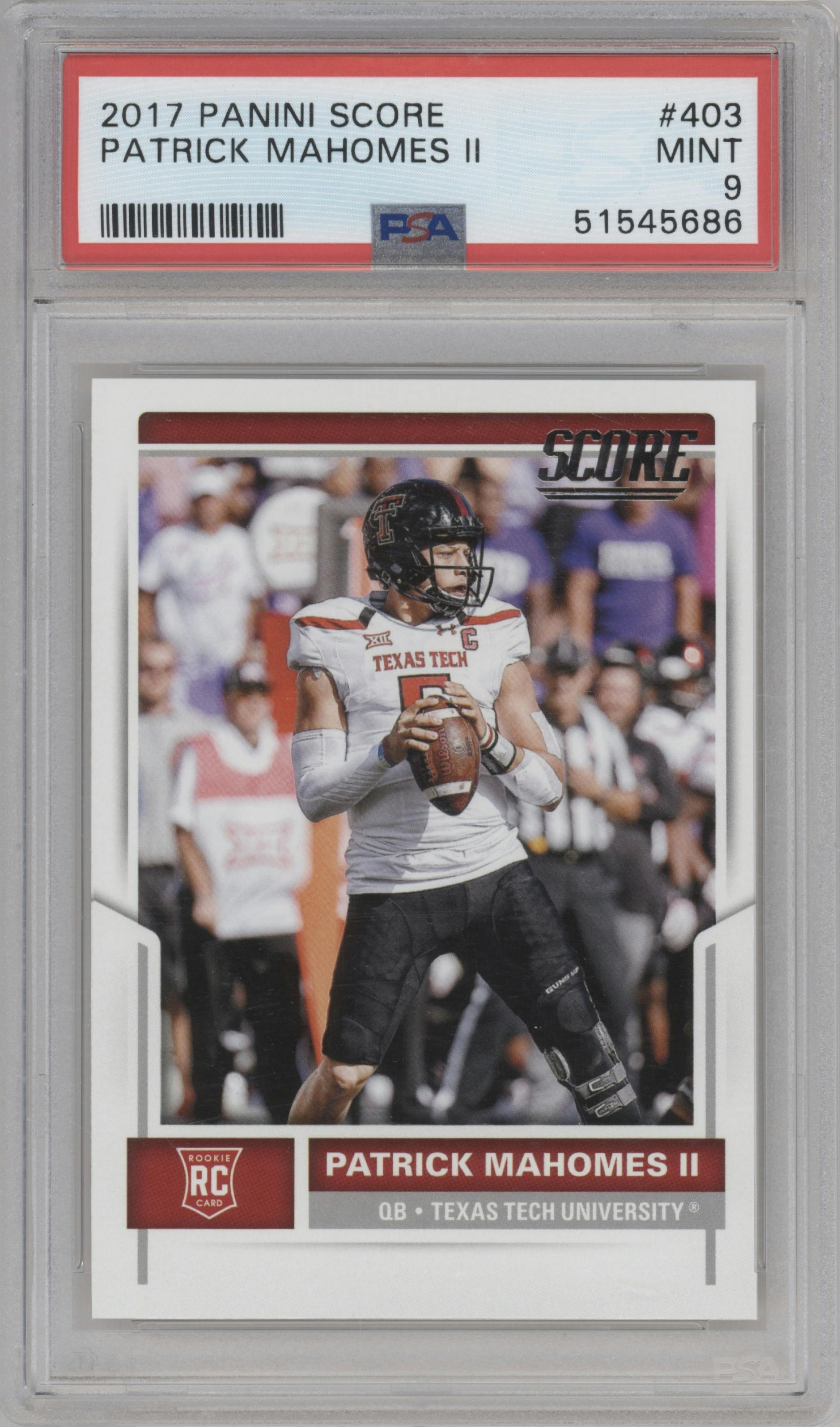 Patrick Mahomes II from the 2017 Panini Score set graded by PSA and given an overall grade of 9.