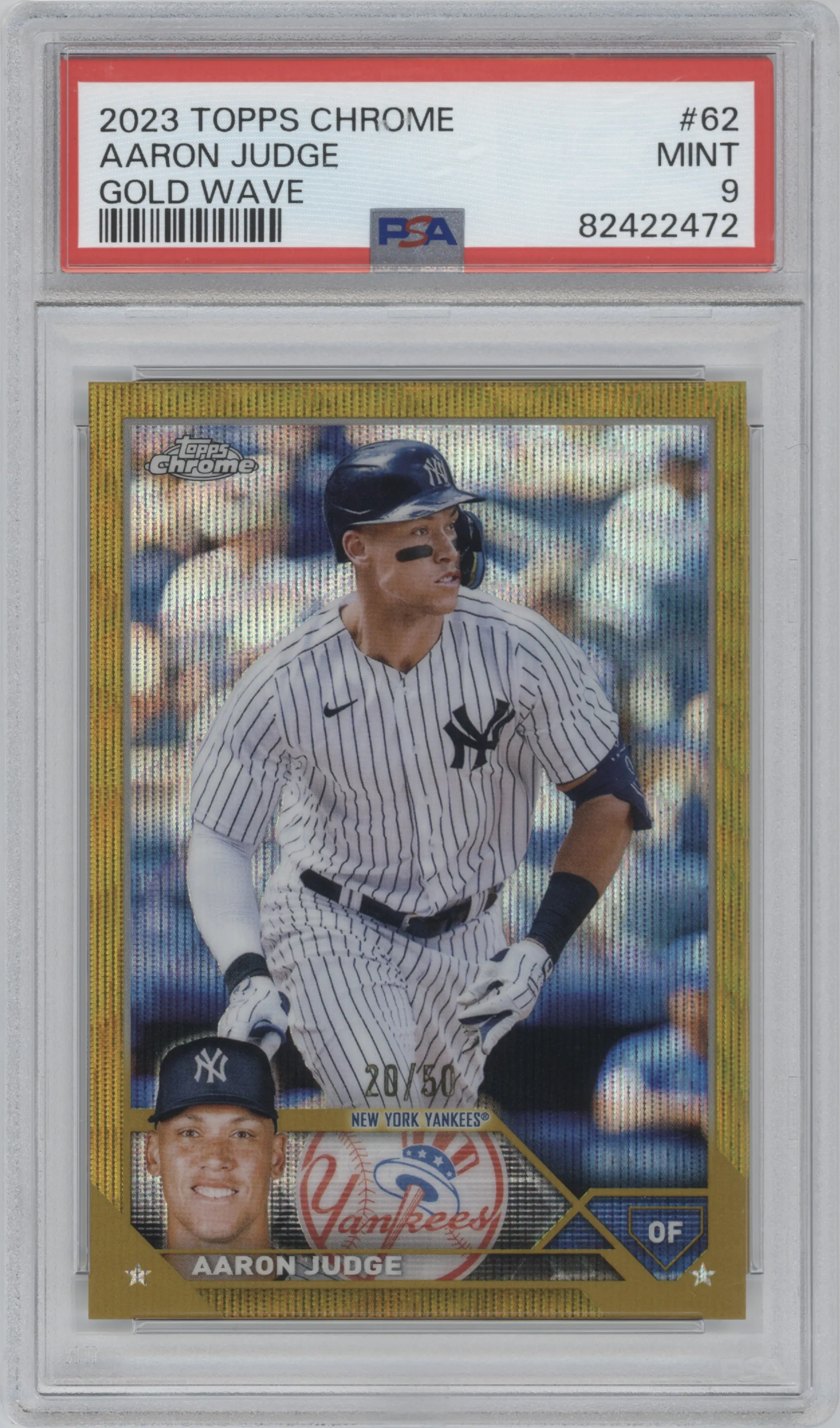 Aaron Judge from the 2023 Topps Chrome set featuring a Gold Wave Refractor parallel graded by PSA and given an overall grade of 9.