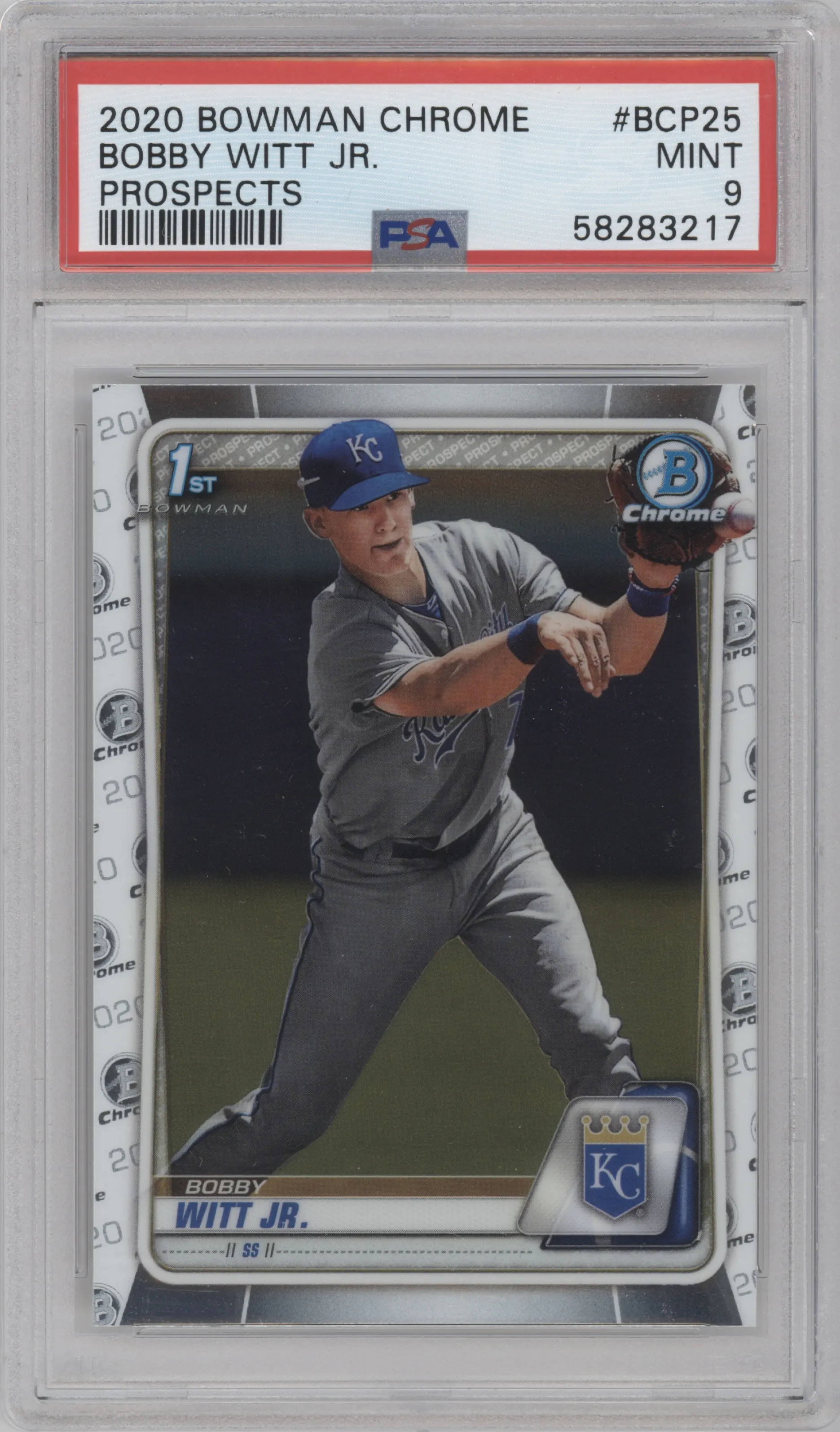 Bobby Witt Jr. from the 2020 Bowman set graded by PSA and given an overall grade of 9.