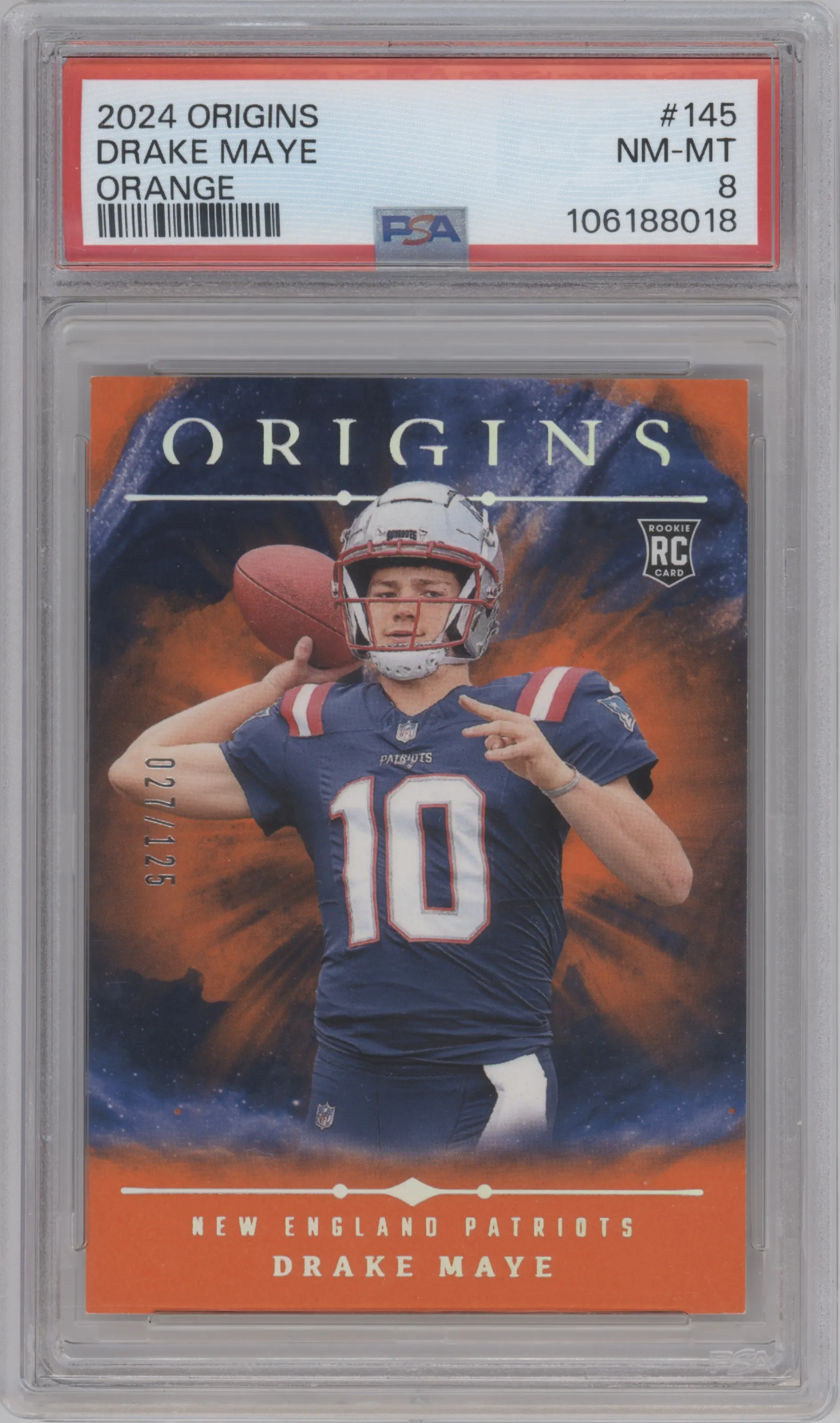 Drake Maye from the 2024 Panini Origins set featuring a Orange parallel graded by PSA and given an overall grade of 8.
