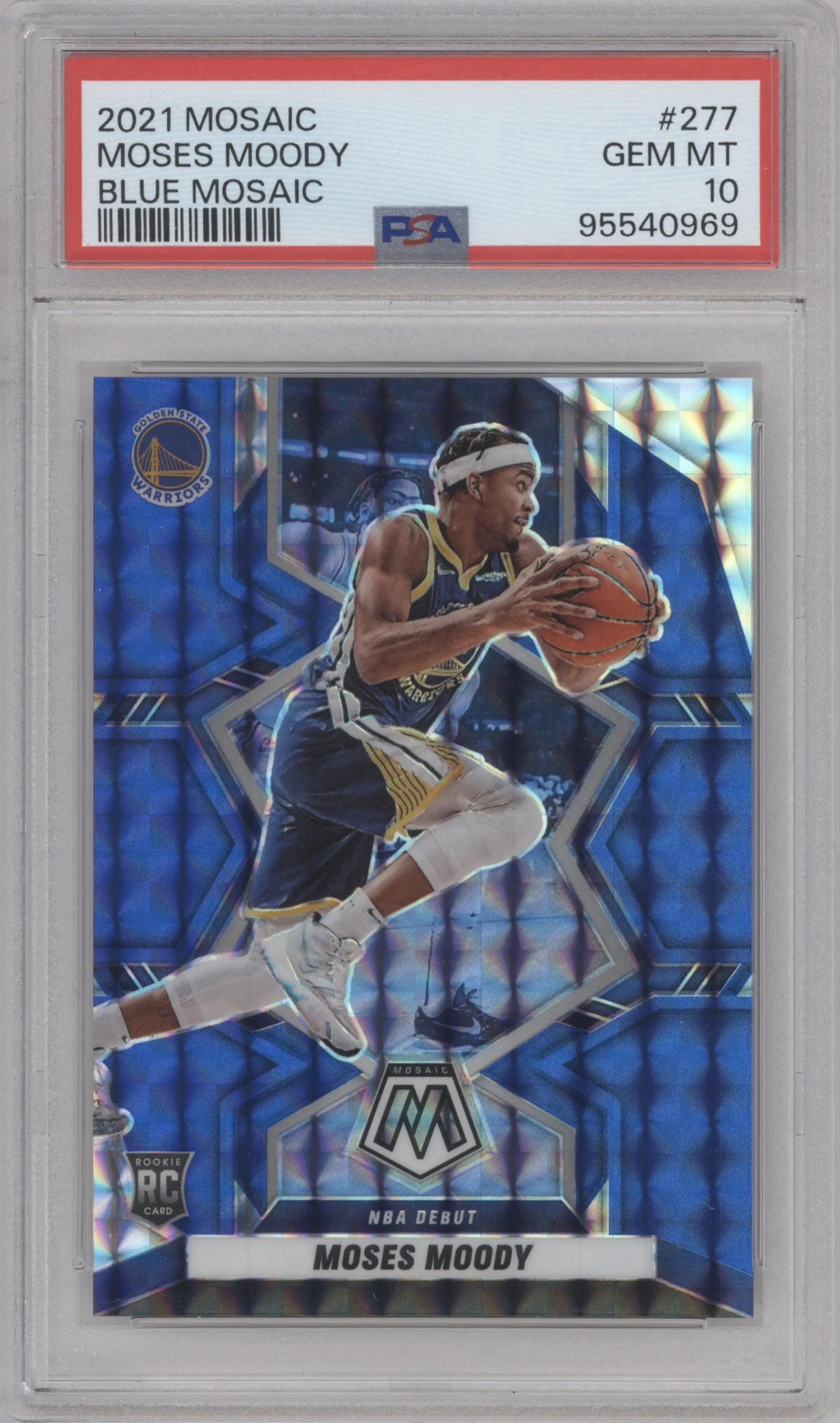 Moses Moody from the 2021-22 Panini Mosaic  set featuring a Blue Mosaic parallel graded by PSA and given an overall grade of 10.