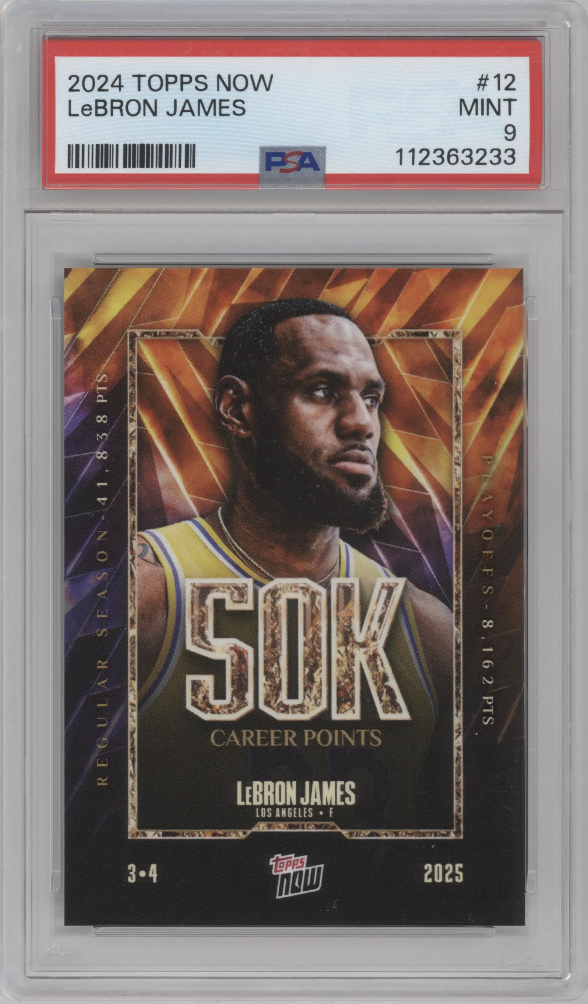 LeBron James from the 2024-25 Topps Now set graded by PSA and given an overall grade of 9.