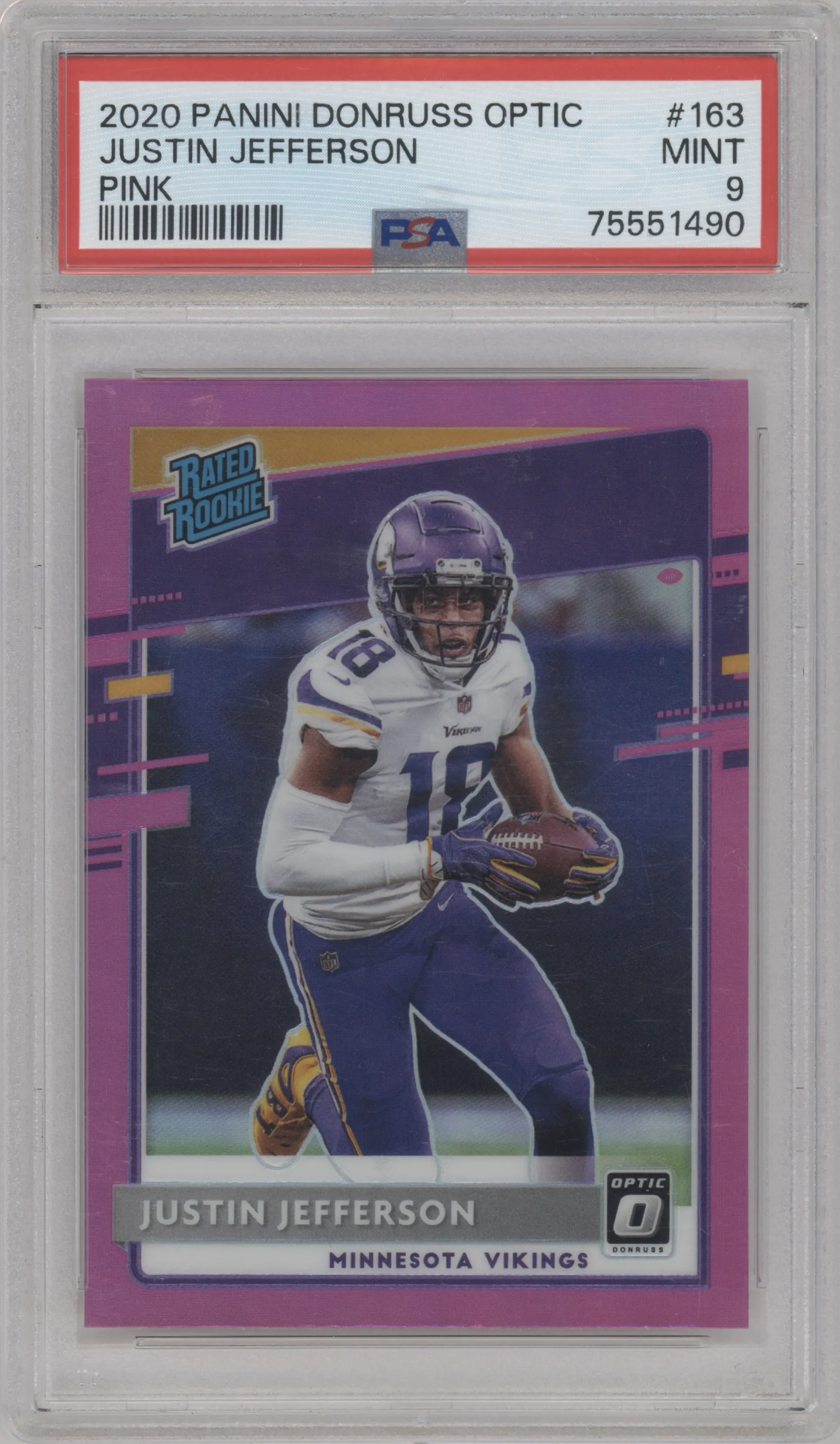 Justin Jefferson from the 2020 Panini Donruss Optic set featuring a Pink parallel graded by PSA and given an overall grade of 9.