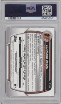 Leandro Arias from the 2023 Bowman  set featuring a Speckle Refractor parallel graded by PSA and given an overall grade of 10.