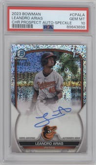 Leandro Arias from the 2023 Bowman  set featuring a Speckle Refractor parallel graded by PSA and given an overall grade of 10.