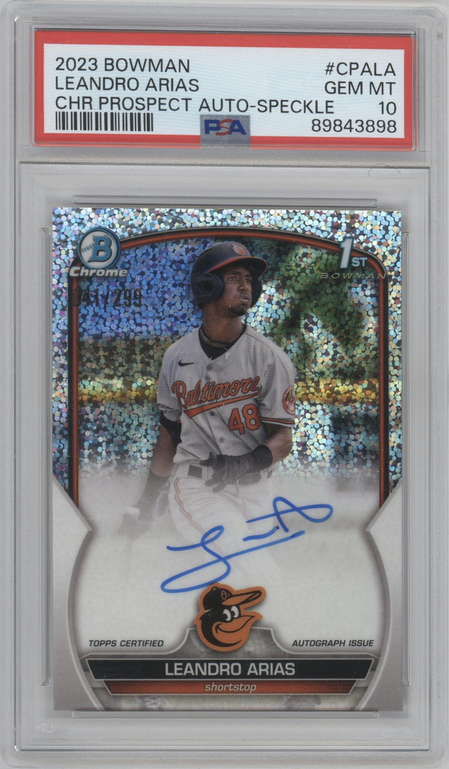 Leandro Arias from the 2023 Bowman  set featuring a Speckle Refractor parallel graded by PSA and given an overall grade of 10.