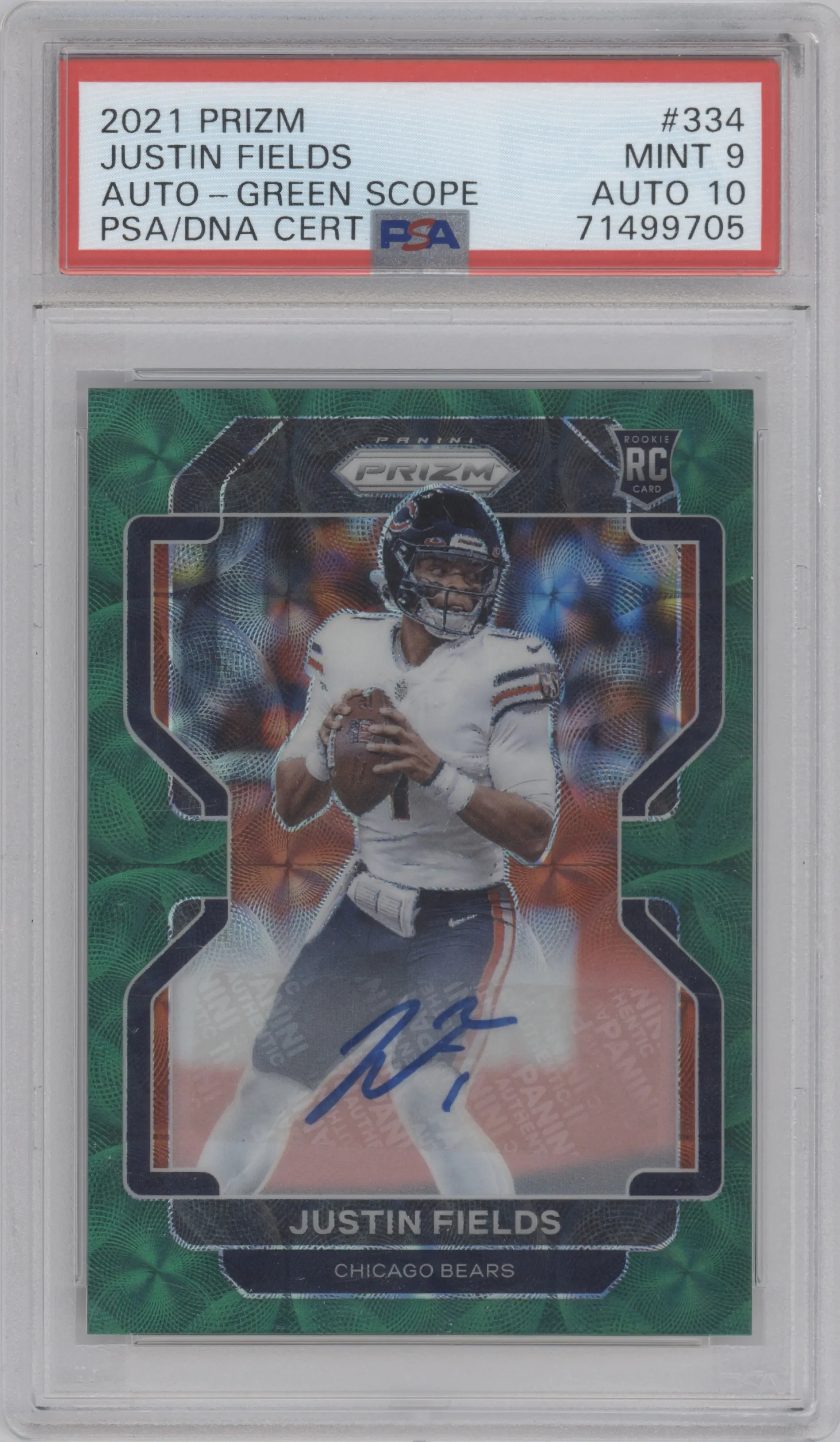 Justin Fields from the 2021 Panini Prizm set featuring a Green Scope  parallel graded by PSA and given an overall grade of 9.