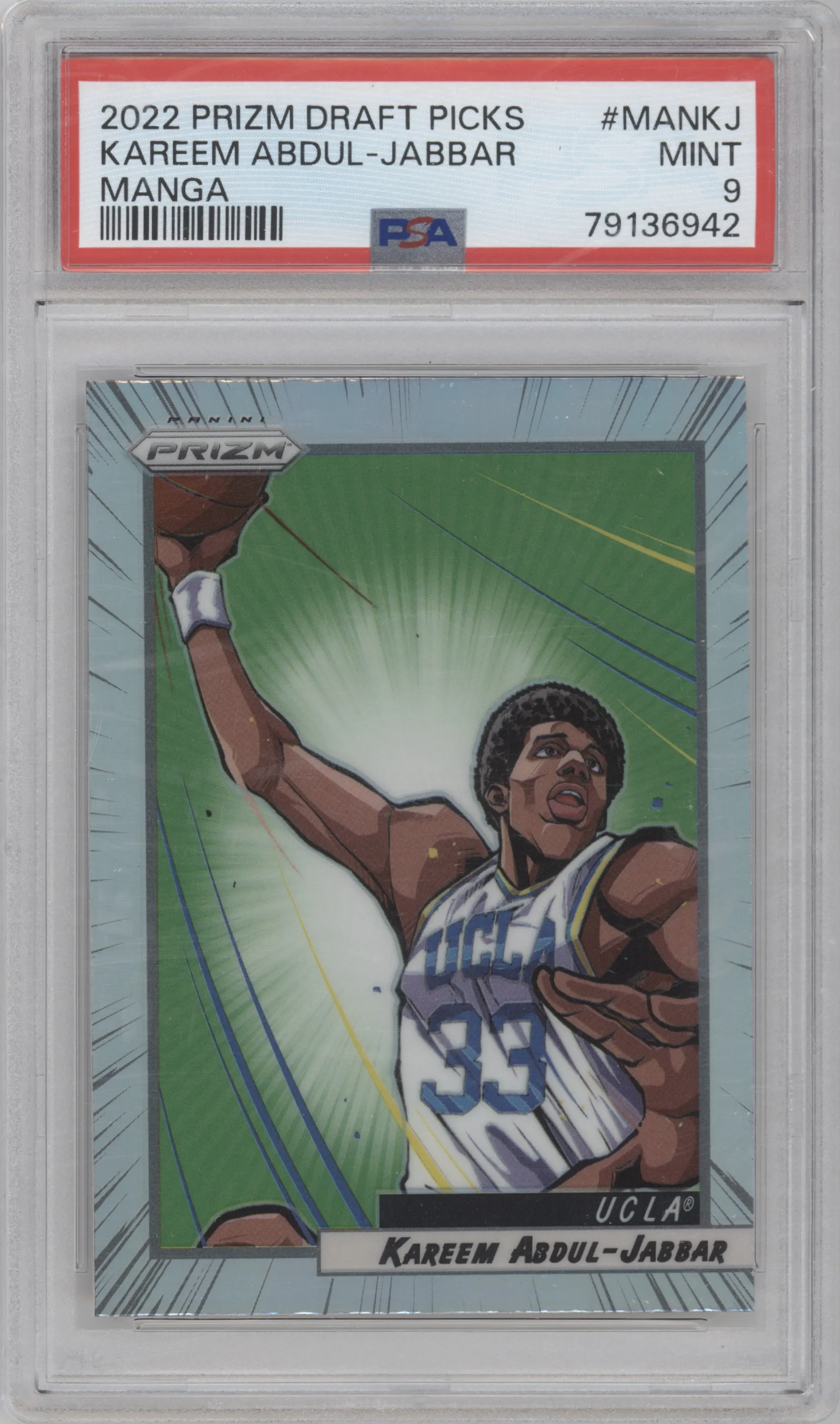 Kareem Abdul-Jabbar from the 2022-23 Panini Prizm Draft Picks set graded by PSA and given an overall grade of 9.