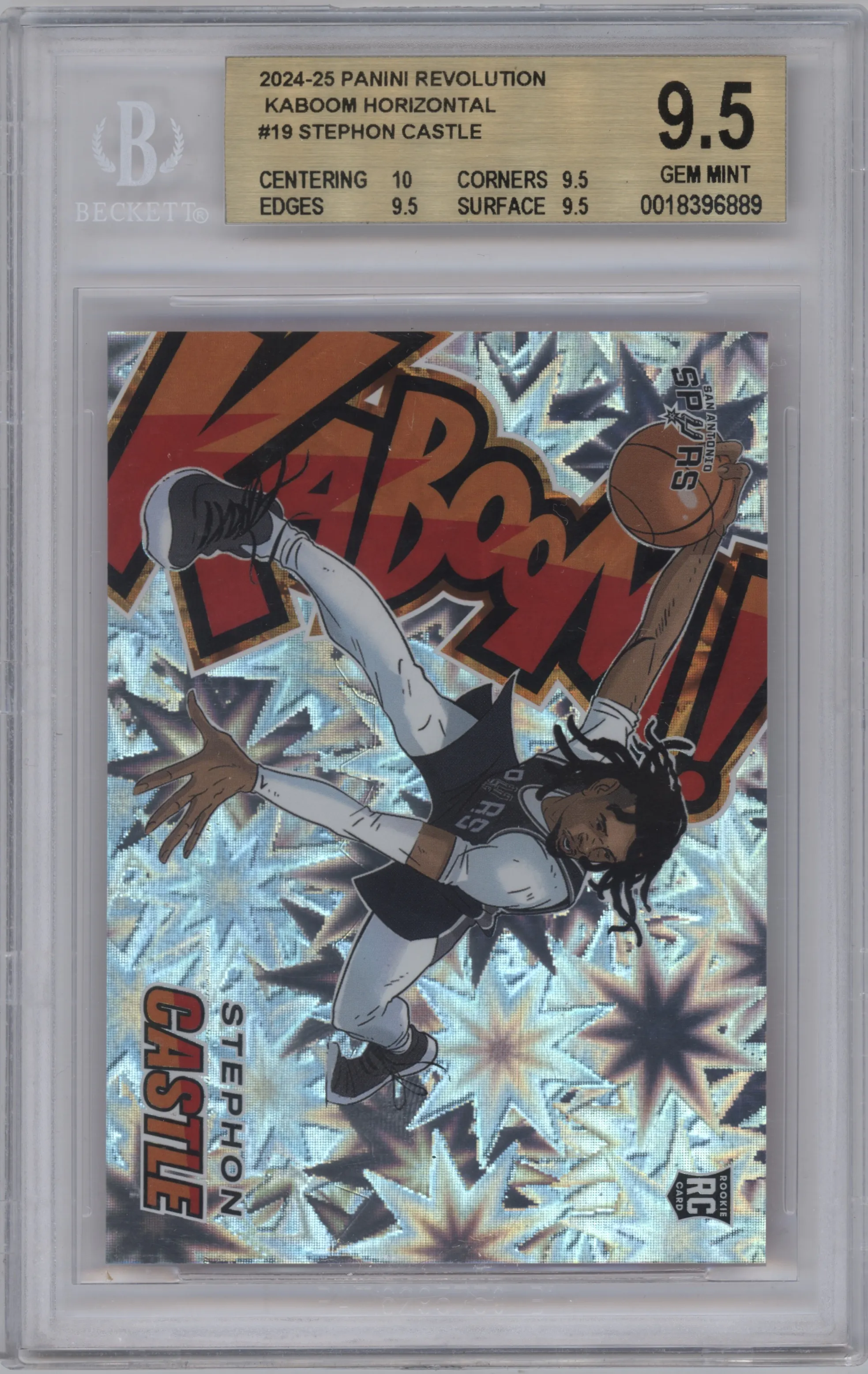 Stephon Castle from the 2024-25 Panini Revolution set graded by Beckett and given an overall grade of 9.5.