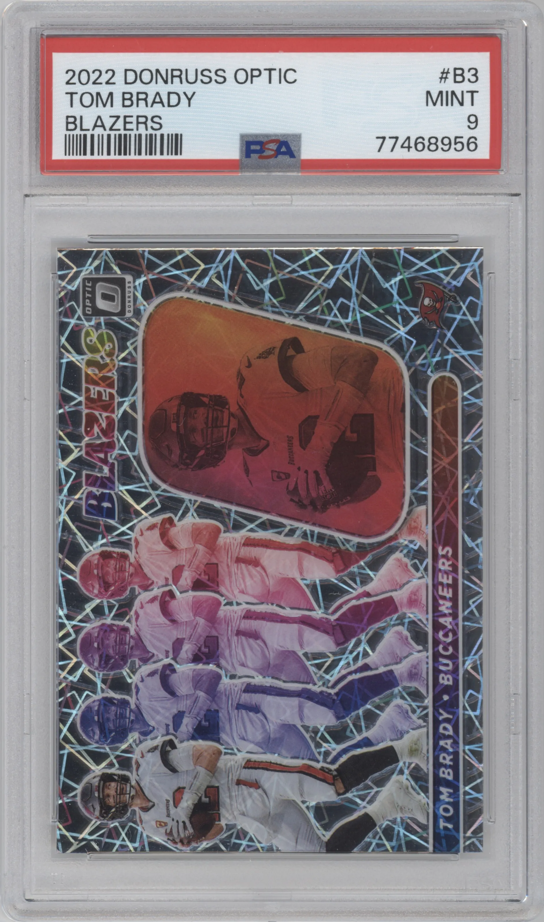 Tom Brady from the 2022 Panini Donruss Optic set graded by PSA and given an overall grade of 9.