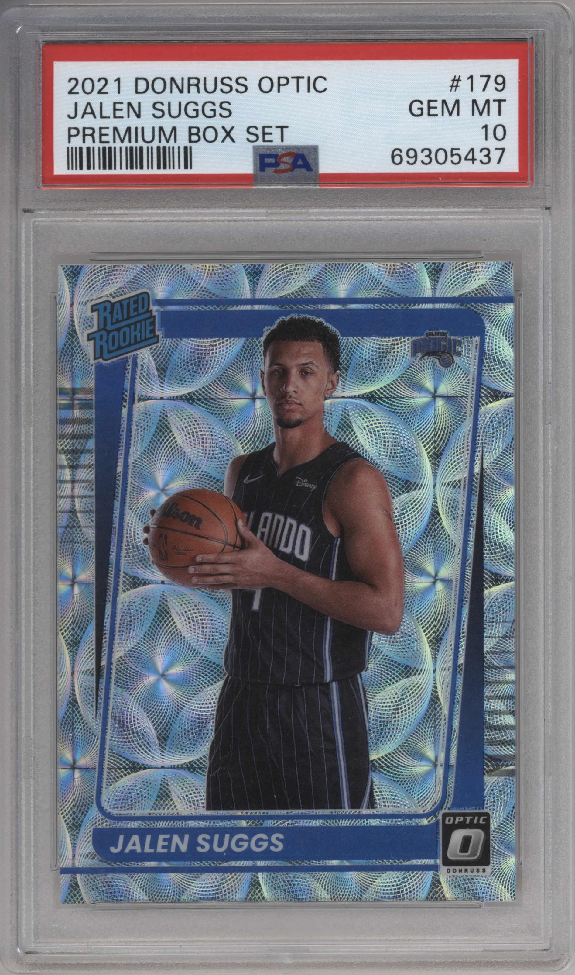 Jalen Suggs from the 2021-22 Panini Donruss Optic set featuring a Premium Box Set parallel graded by PSA and given an overall grade of 10.
