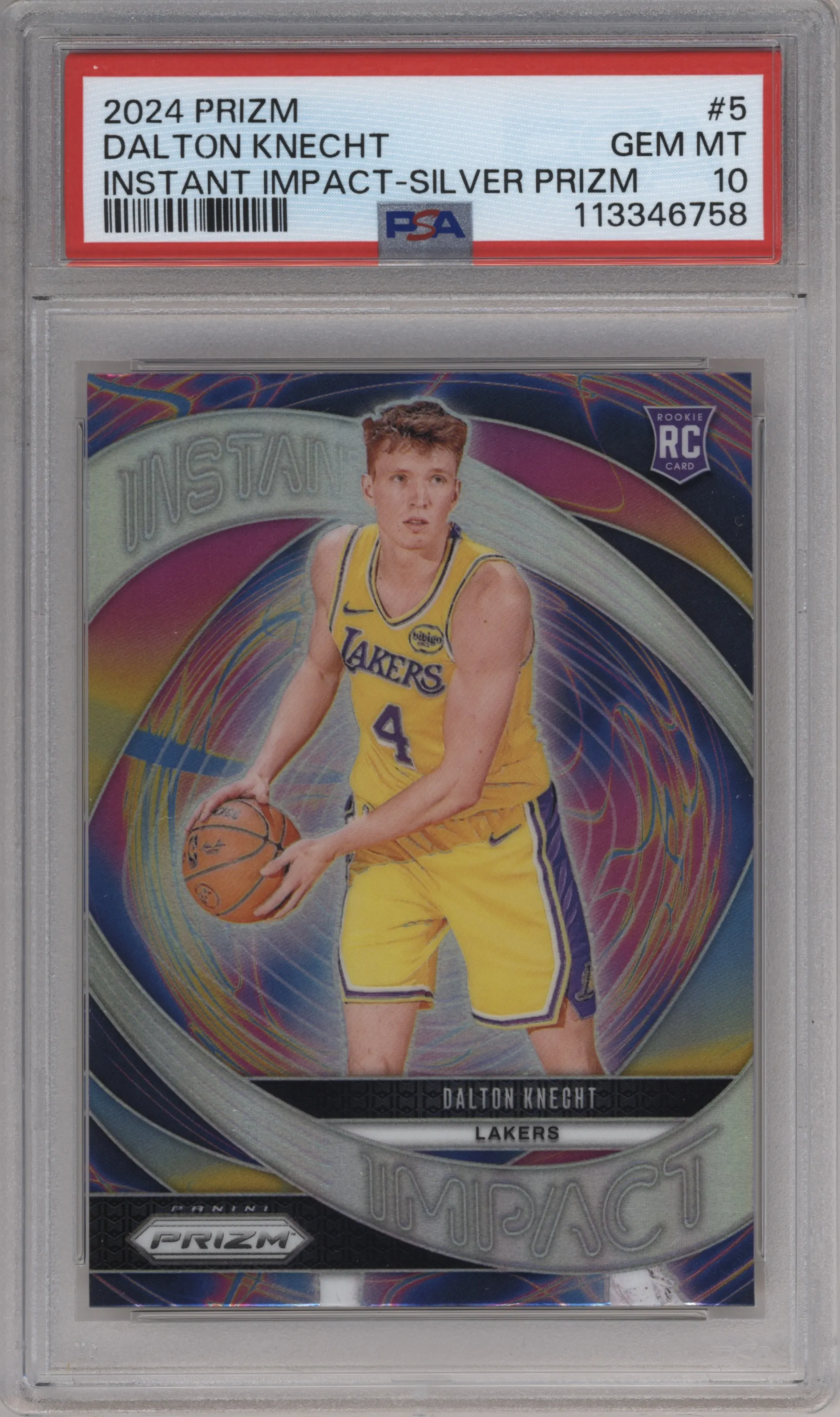 Dalton Knecht from the 2024-25 Panini Prizm set featuring a Silver Prizm parallel graded by PSA and given an overall grade of 10.