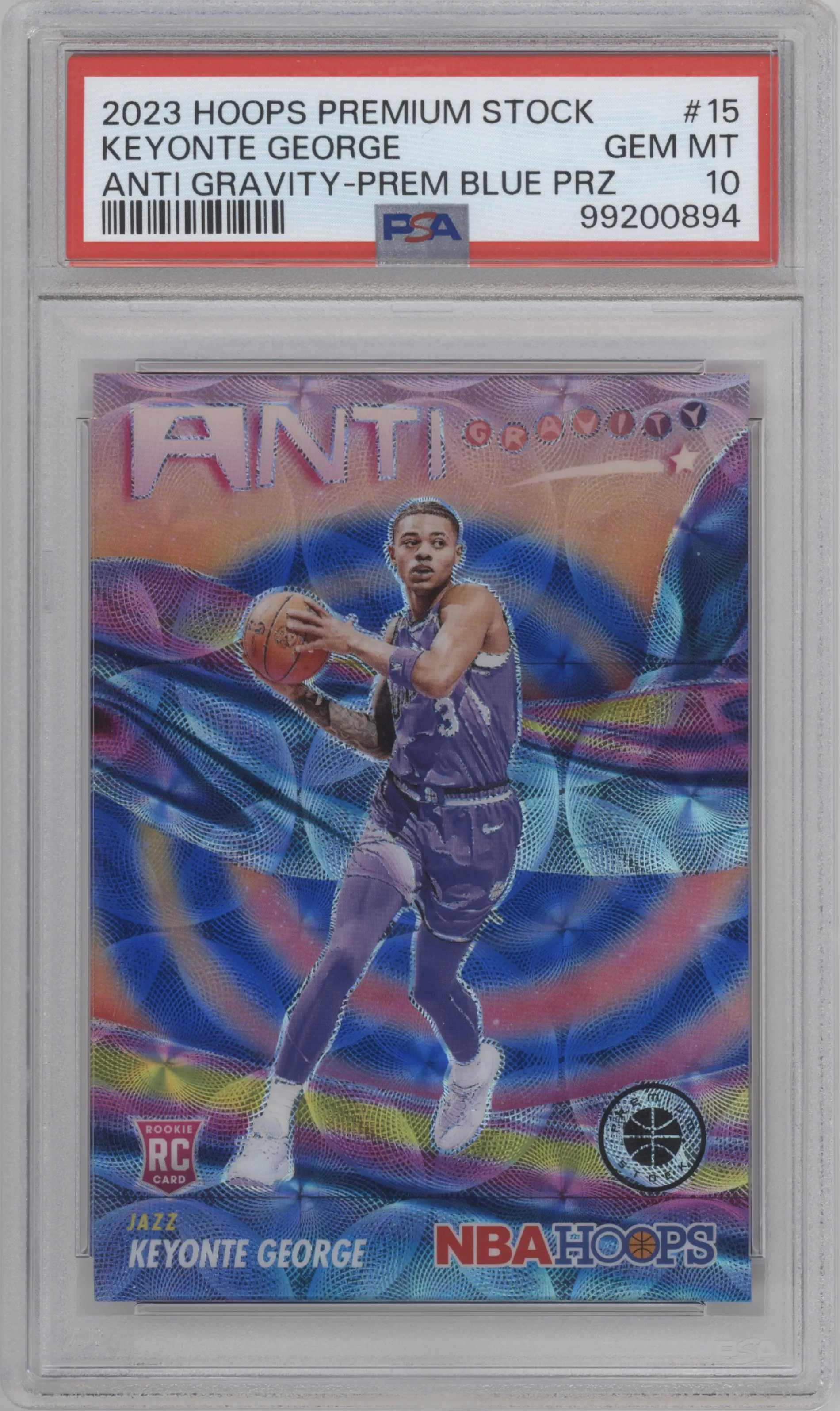 Keyonte George from the 2023-24 Panini Hoops Premium Stock set featuring a Premium Blue parallel graded by PSA and given an overall grade of 10.