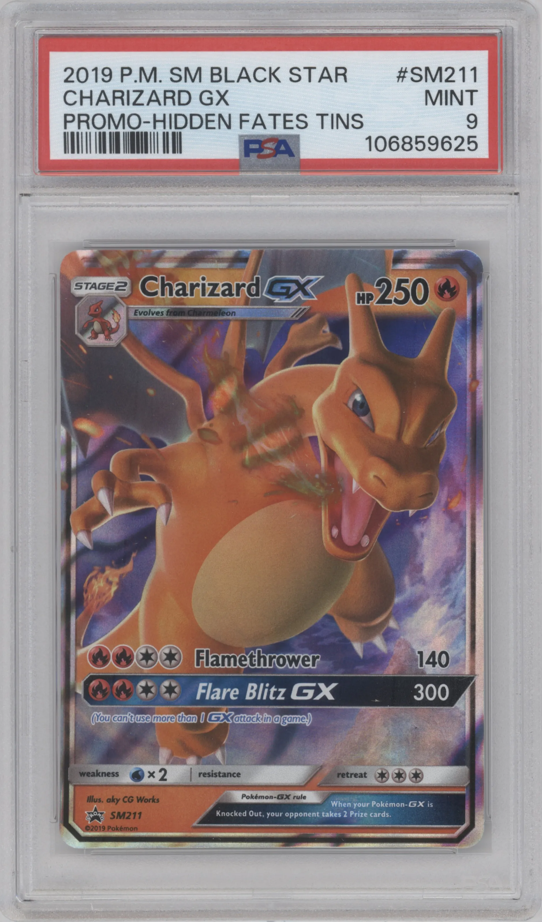 Charizard GX from the 2019 Pokemon S&M  set featuring a Walmart Hidden Fates Collections parallel graded by PSA and given an overall grade of 9.