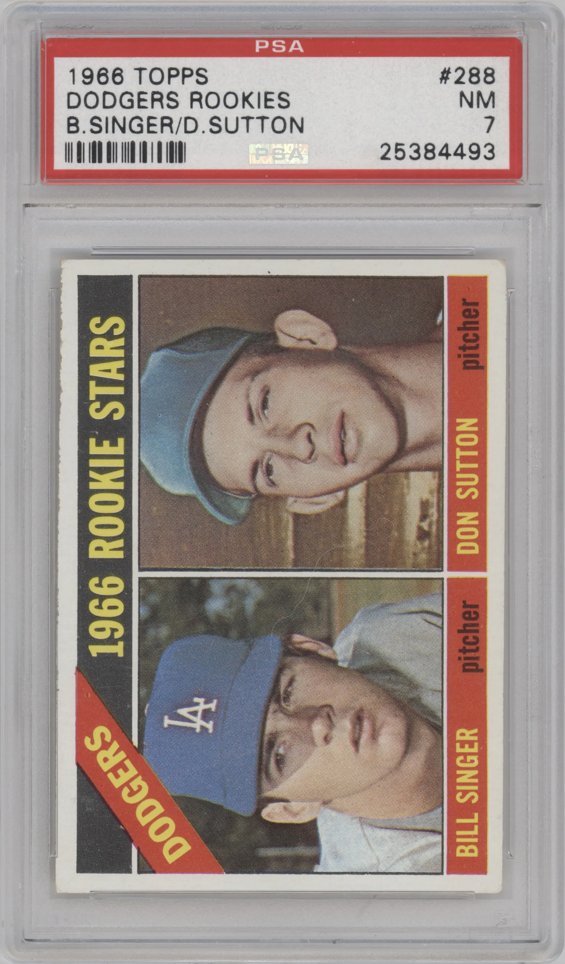Bill Singer/Don Sutton from the 1966 Topps set graded by PSA and given an overall grade of 7.