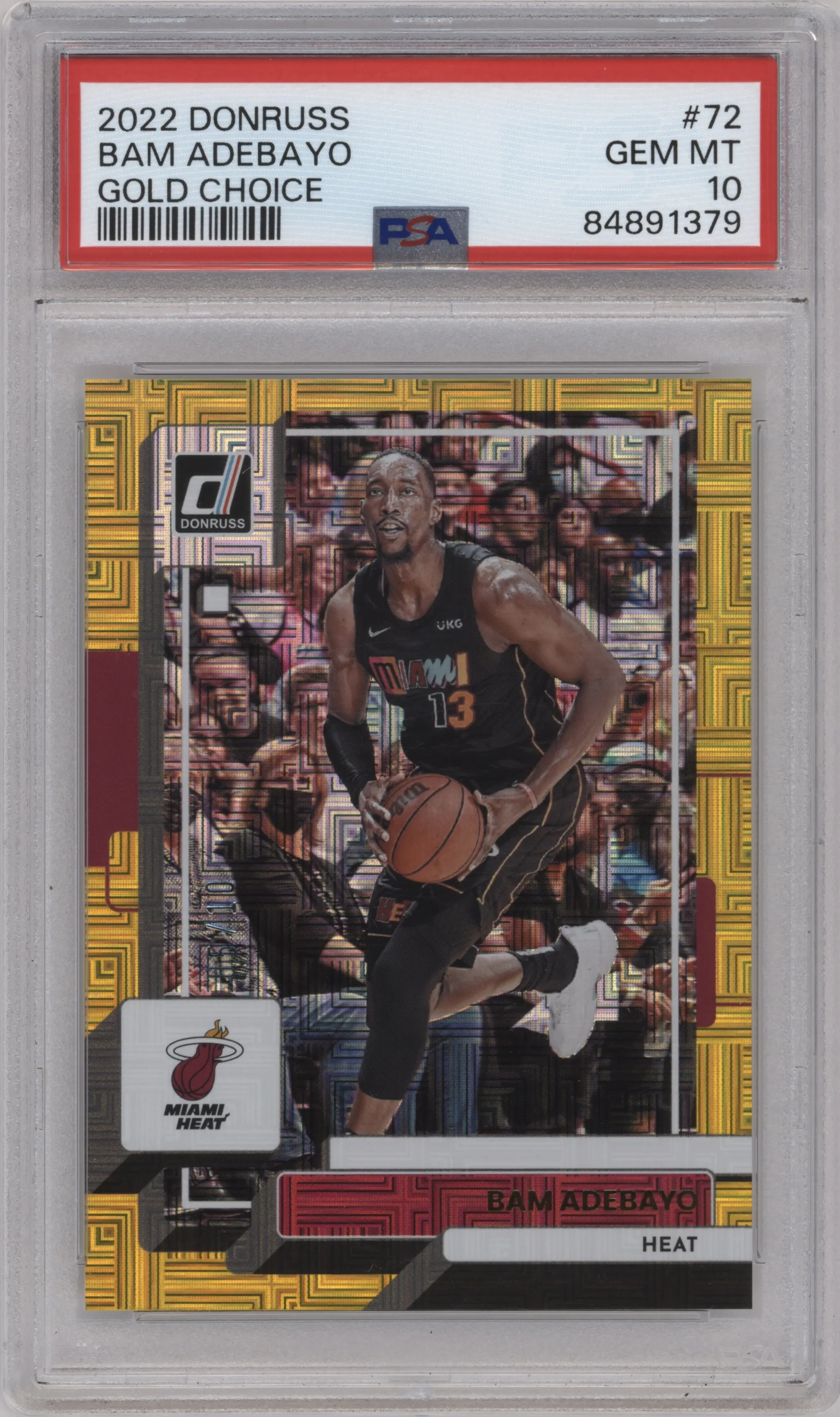 Bam Adebayo from the 2022-23 Panini Donruss set featuring a Choice Gold parallel graded by PSA and given an overall grade of 10.