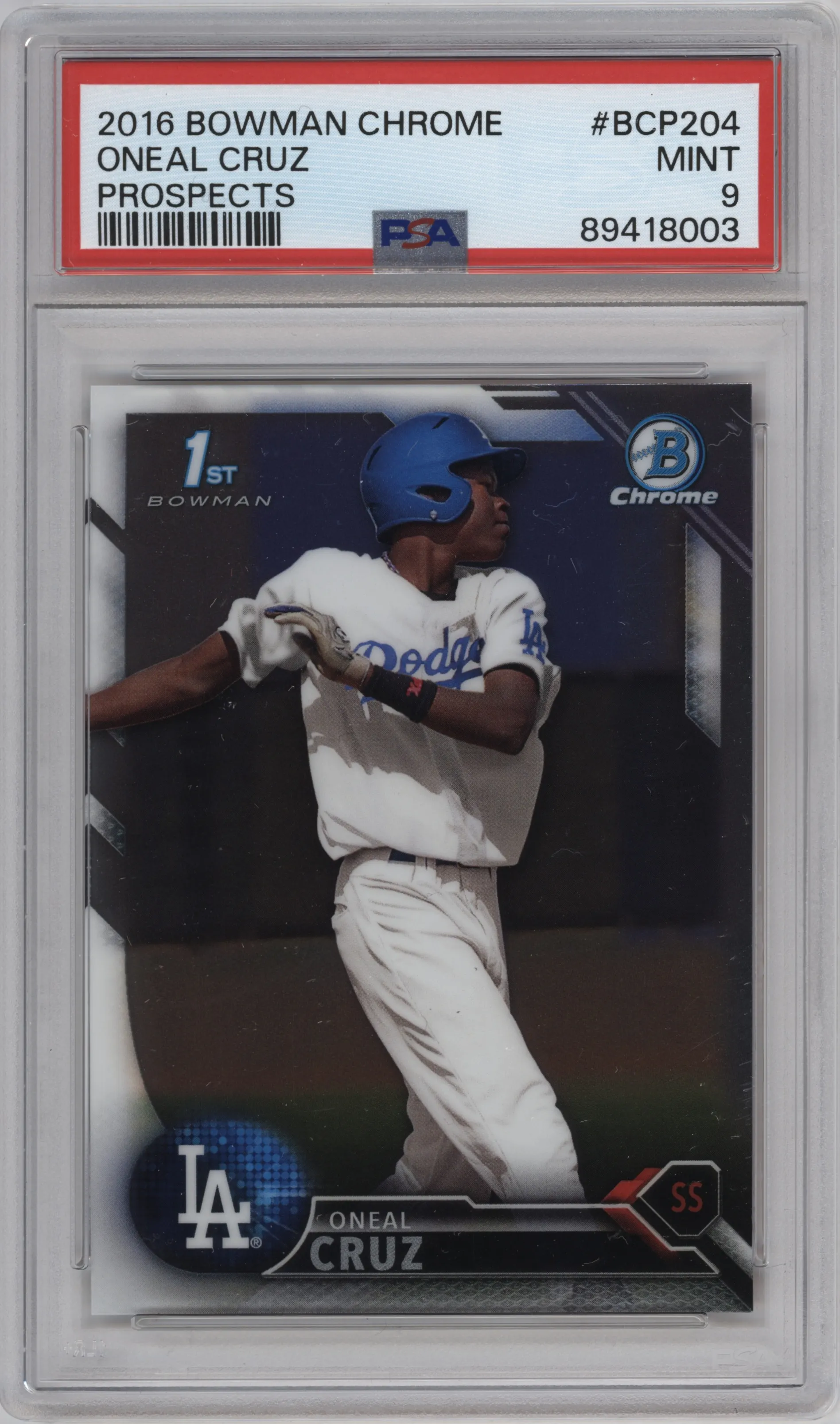 Oneal Cruz from the 2016 Bowman Chrome set graded by PSA and given an overall grade of 9.