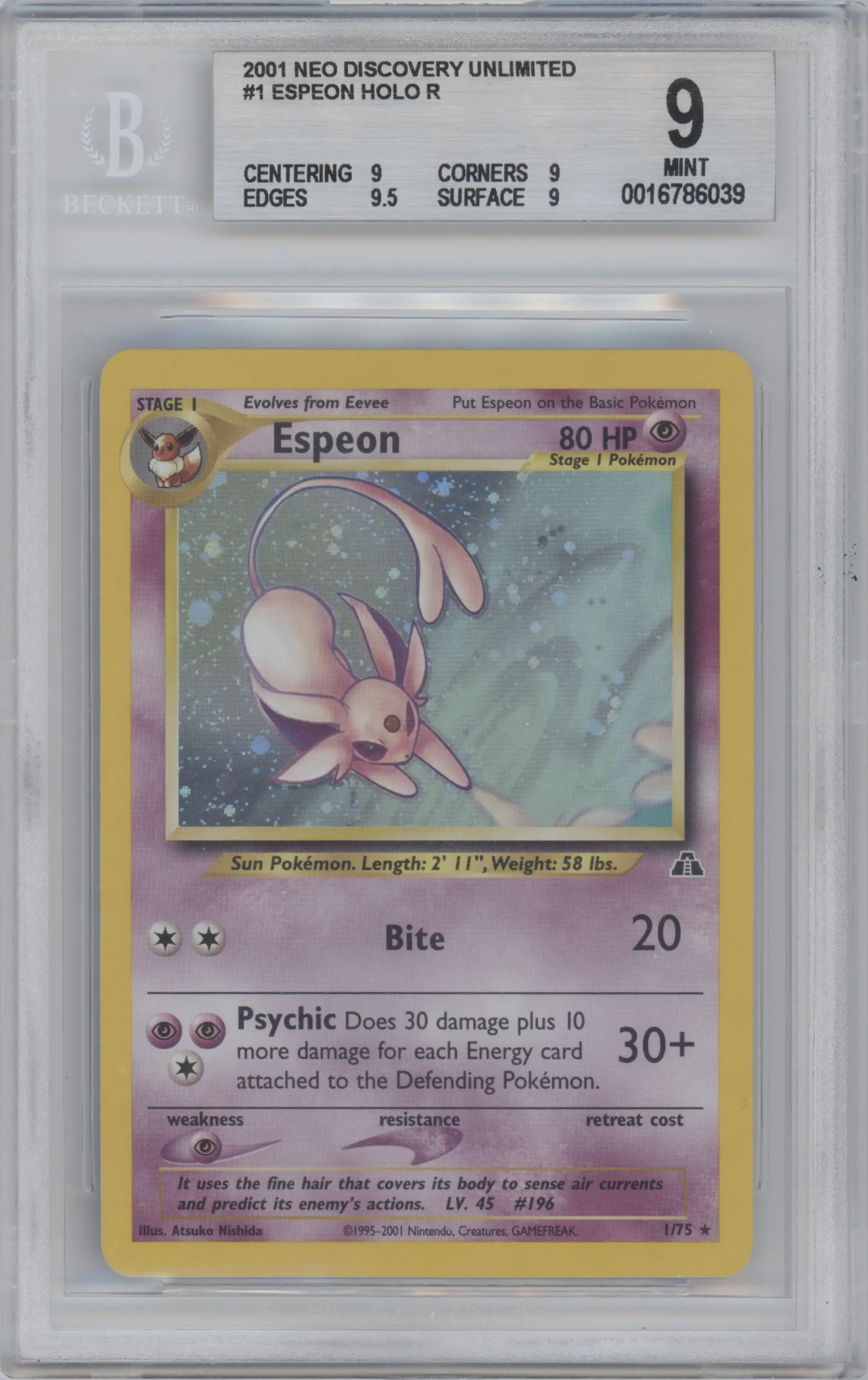 Espeon from the 2001 Pokemon Neo Genesis set graded by Beckett and given an overall grade of 9.