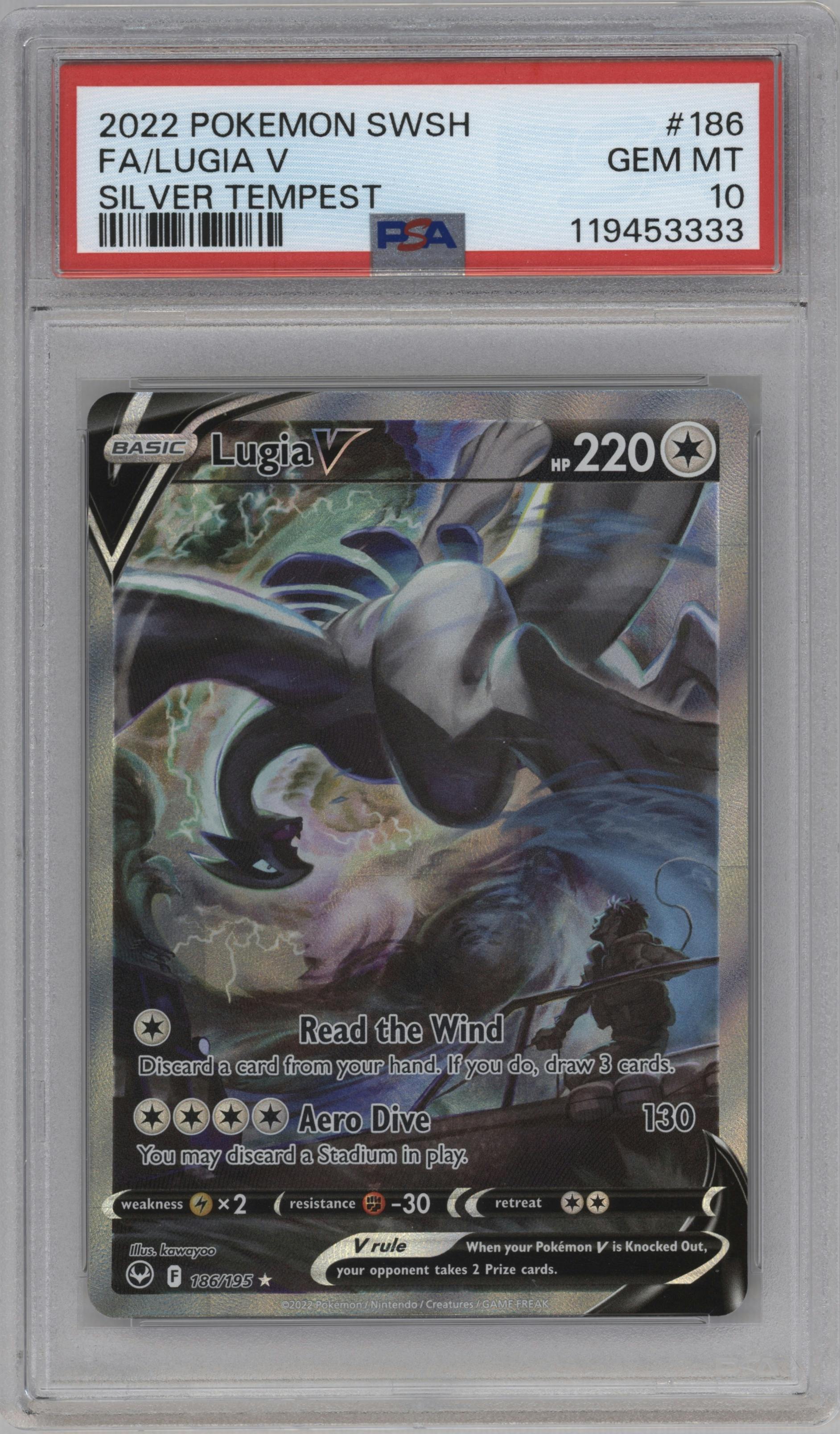 Lugia V from the 2022 Pokemon SWSH set graded by PSA and given an overall grade of 10.