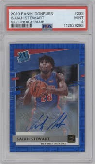 Isaiah Stewart from the 2020-21 Panini Donruss set featuring a Choice Blue parallel graded by PSA and given an overall grade of 9.