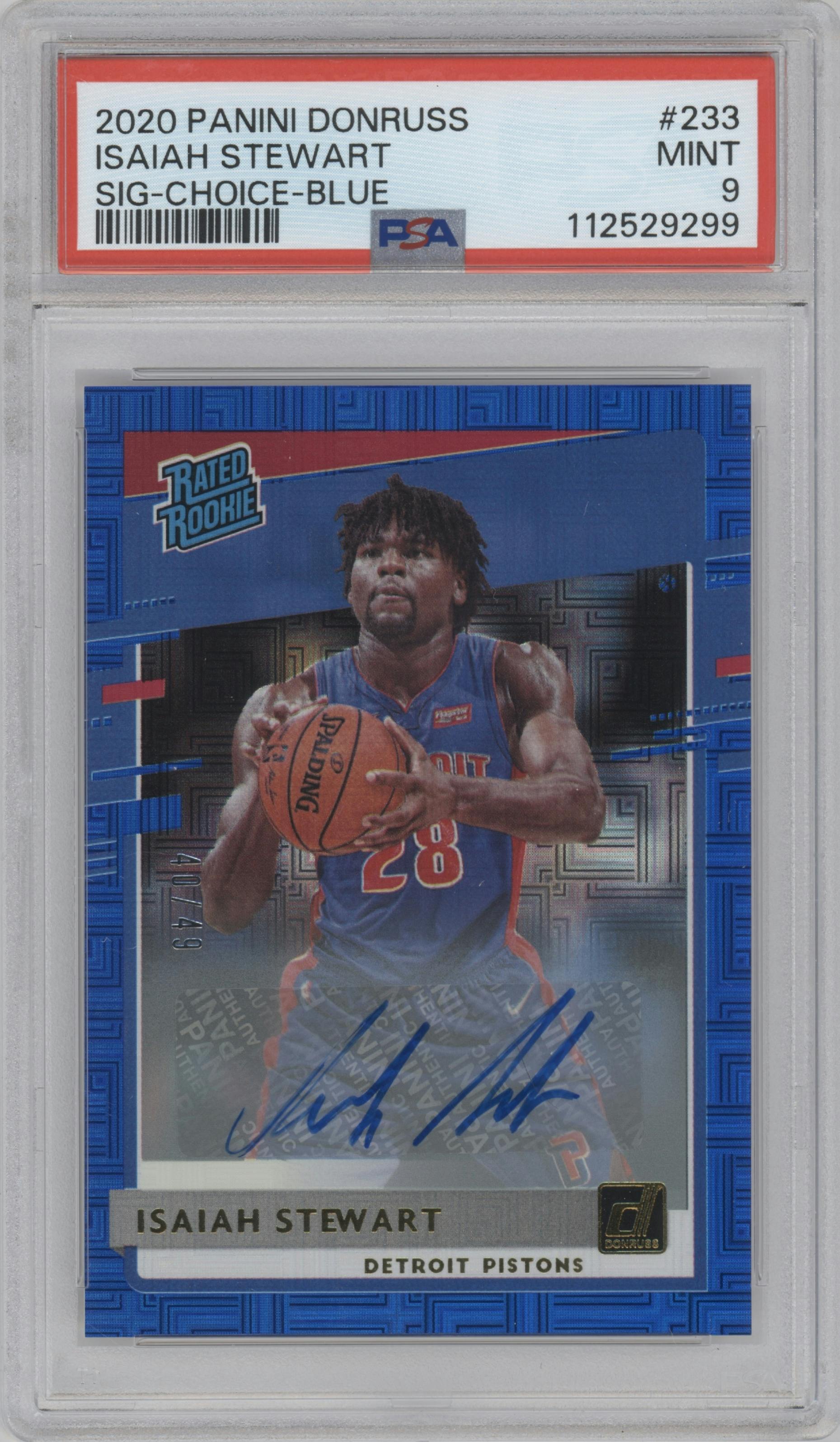 Isaiah Stewart from the 2020-21 Panini Donruss set featuring a Choice Blue parallel graded by PSA and given an overall grade of 9.