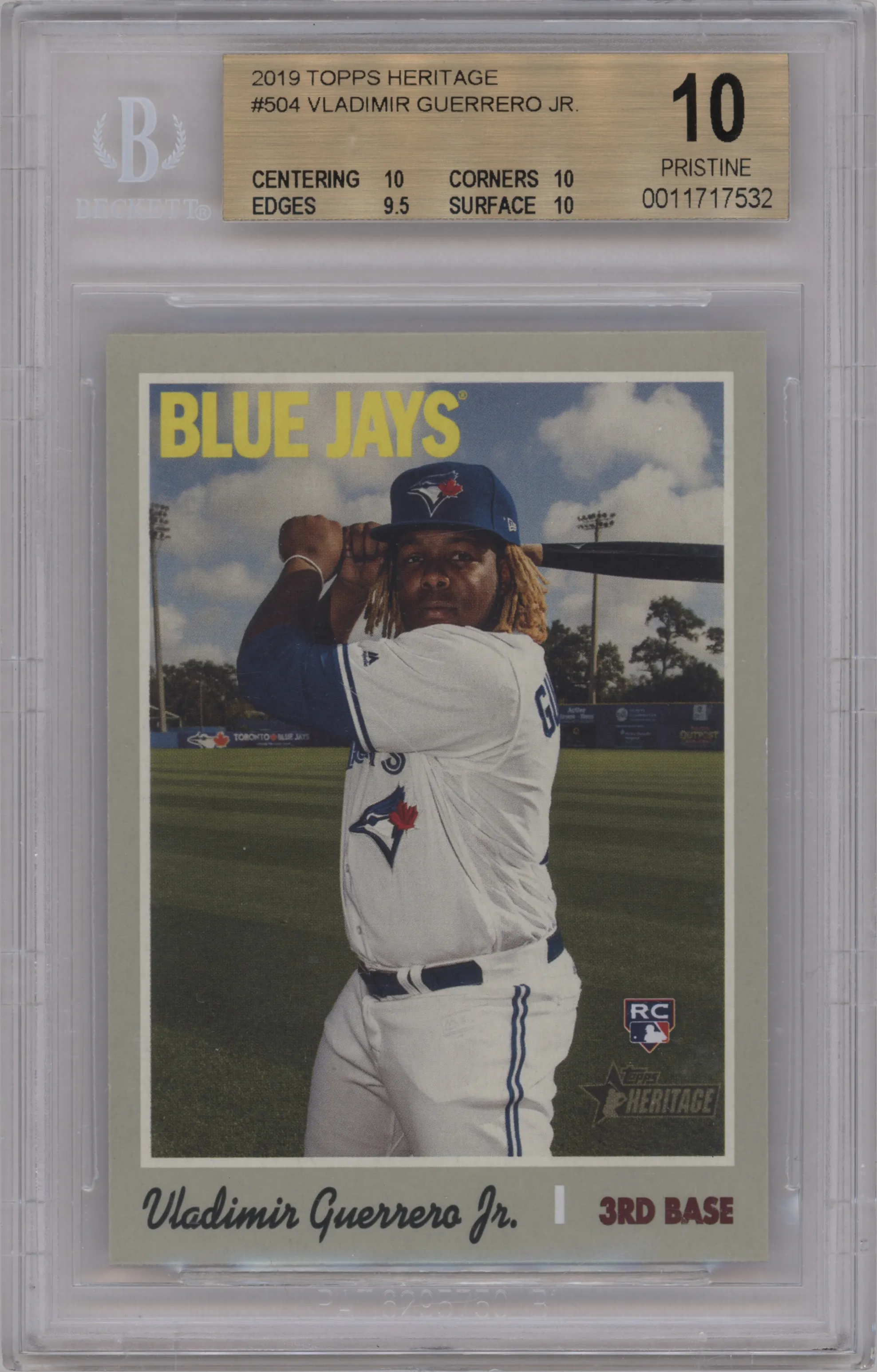 Vladimir Guerrero Jr. from the 2019 Topps Heritage HN set graded by Beckett and given an overall grade of 10.