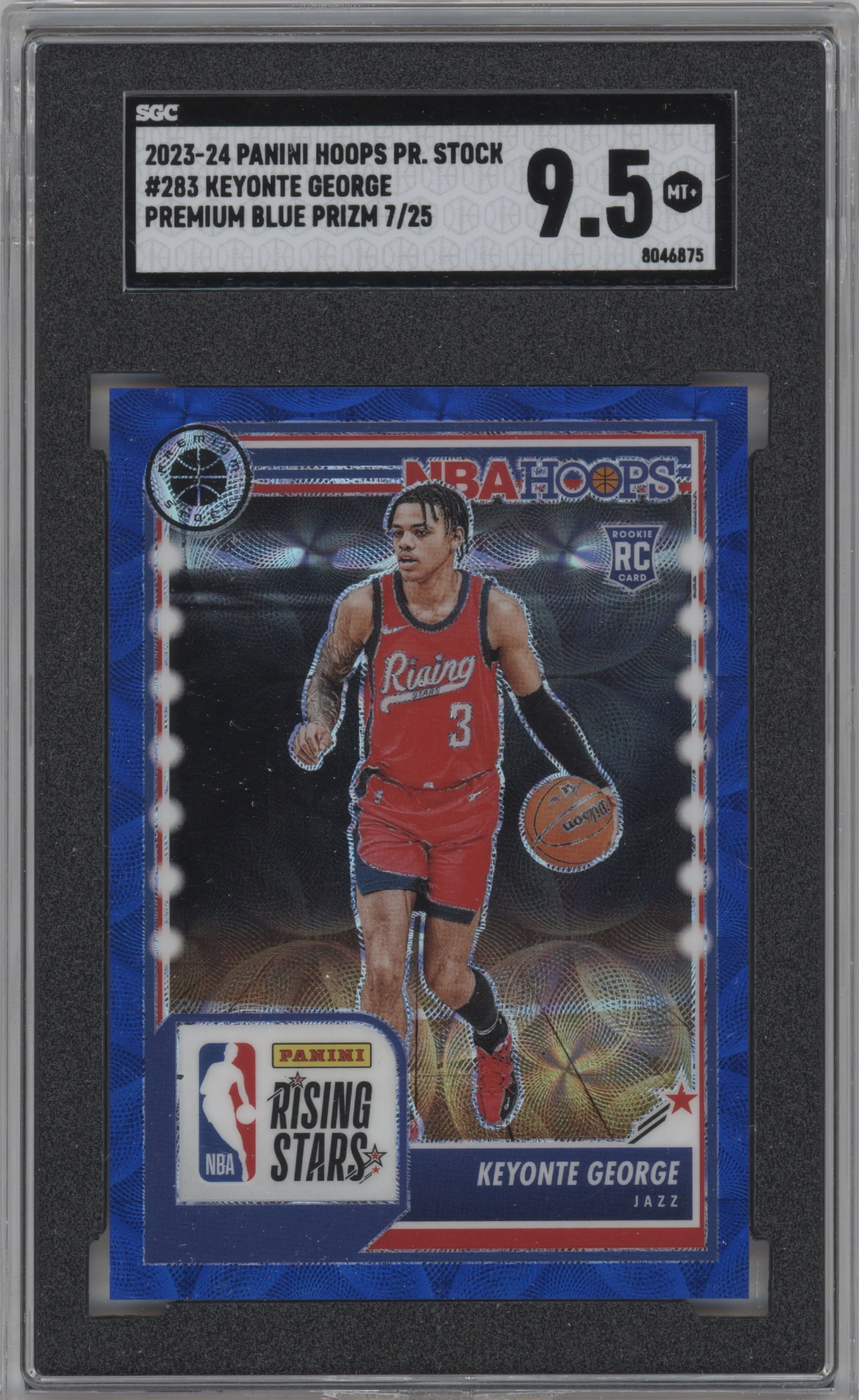 Keyonte George from the 2023-24 Panini Hoops Premium Stock set featuring a Premium Blue Prizm parallel graded by SGC and given an overall grade of 9.5.
