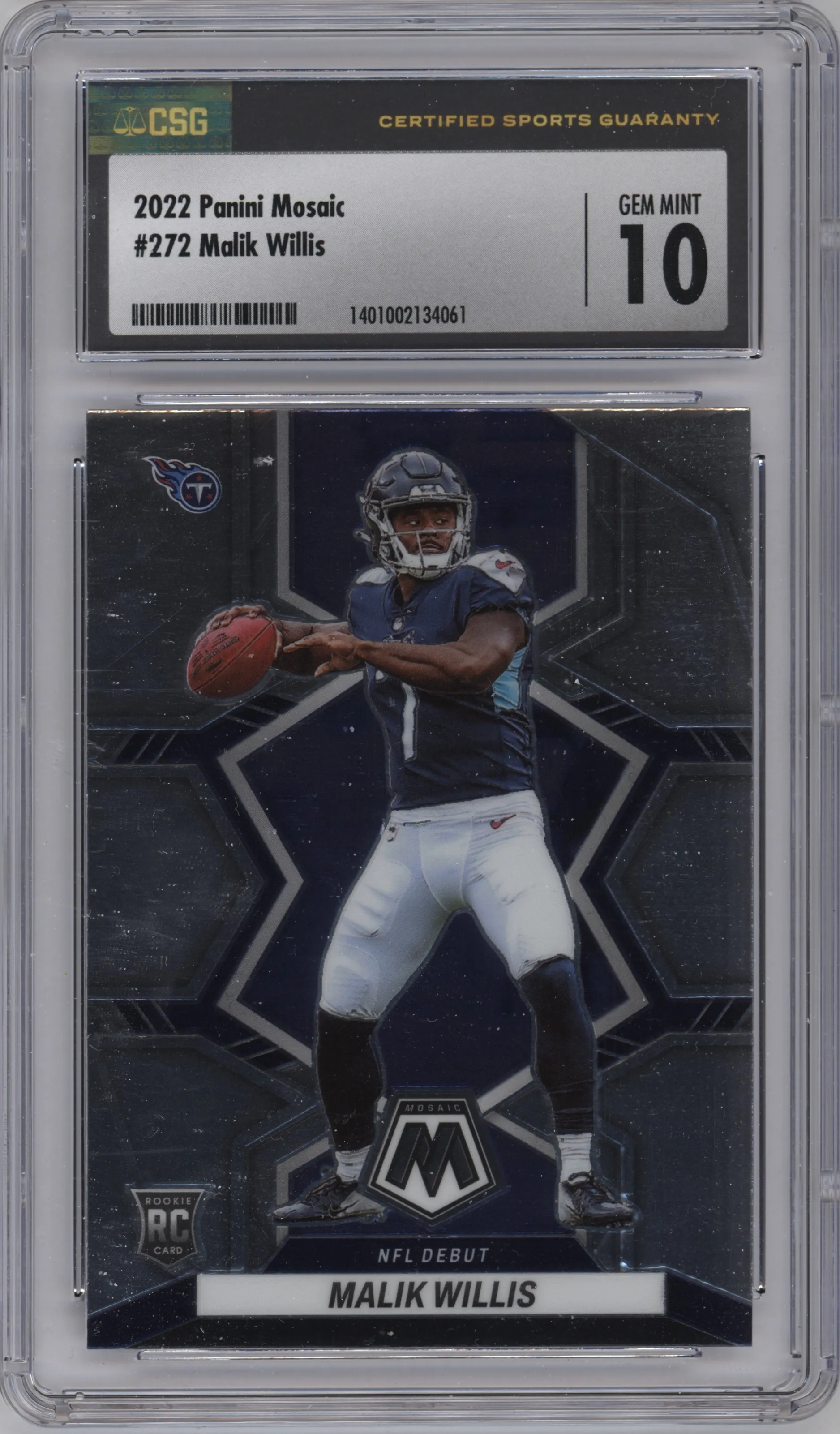 Malik Willis from the 2022 Panini Mosaic set graded by CSG and given an overall grade of 10.