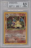 Charizard from the 1999 Pokemon set graded by Beckett and given an overall grade of 8.5.