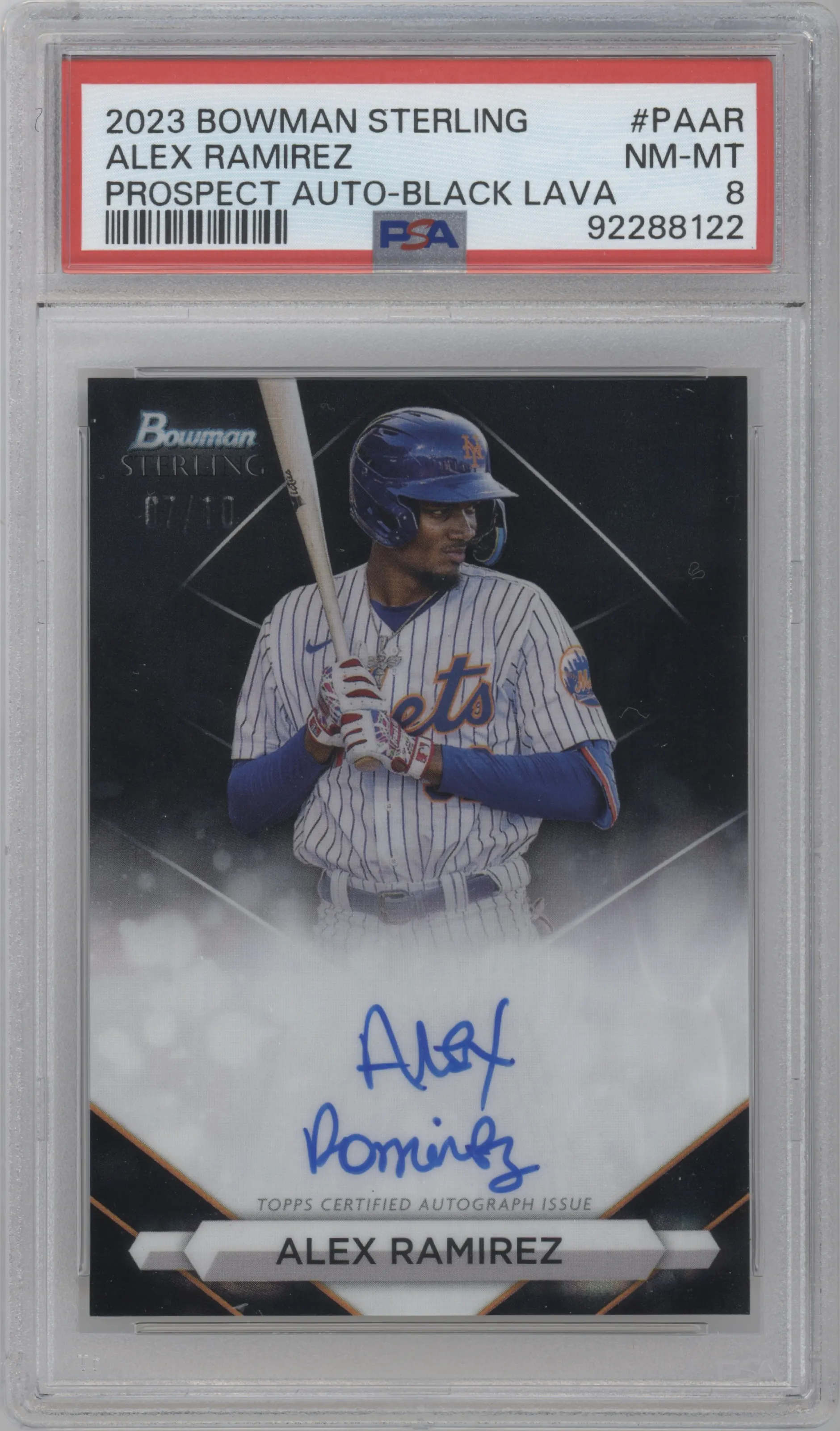 Alex Ramirez from the 2023 Bowman Sterling set featuring a Black Lava Refractor parallel graded by PSA and given an overall grade of 8.