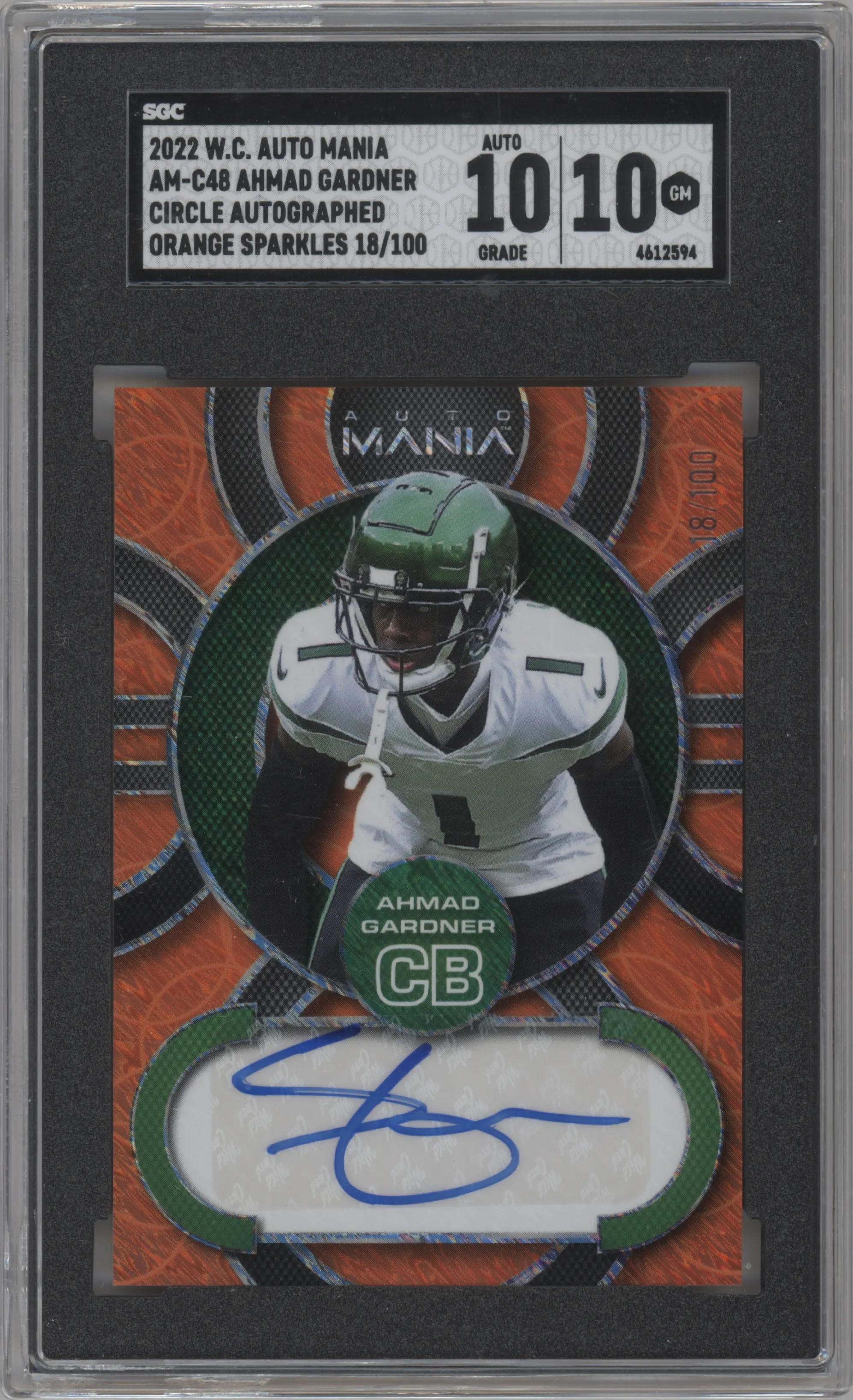 Ahmad Gardner from the 2022 Wild Card Auto Mania set featuring a Orange Sparkle parallel graded by SGC and given an overall grade of 10.