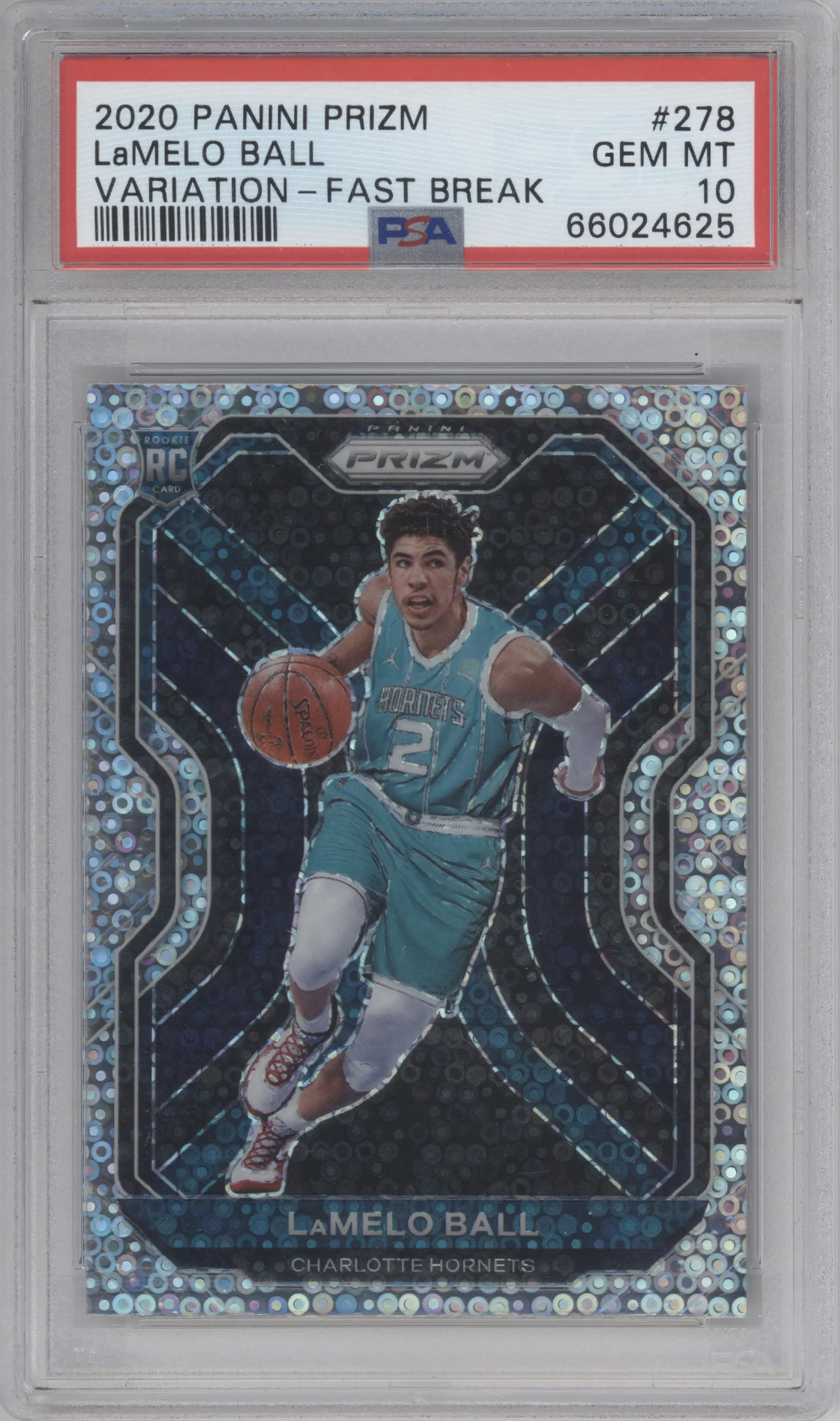 LaMelo Ball from the 2020-21 Panini Prizm set featuring a Fast Break parallel graded by PSA and given an overall grade of 10.