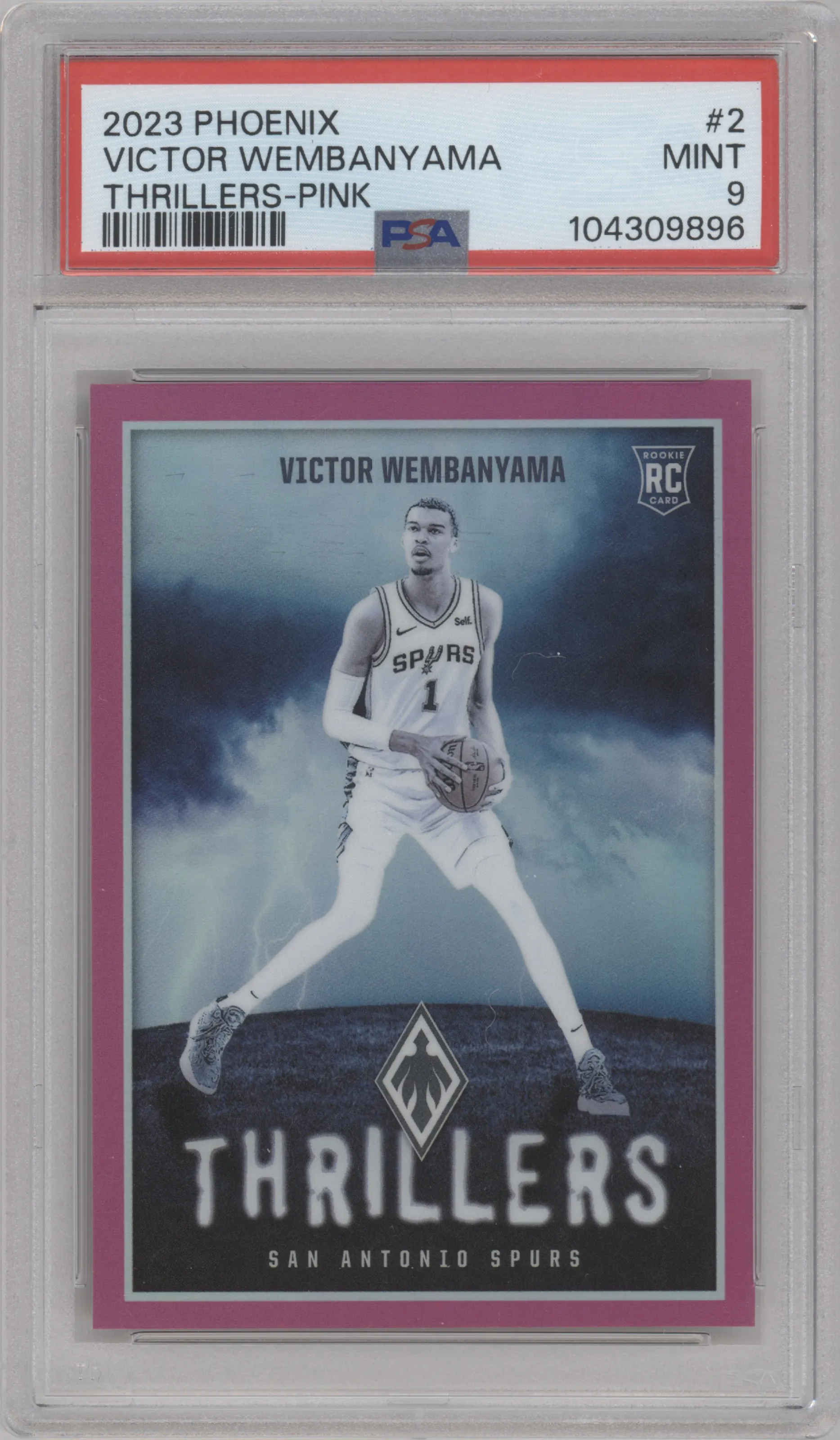 Victor Wembanyama from the 2023-24 Panini Phoenix set featuring a Pink  parallel graded by PSA and given an overall grade of 9.
