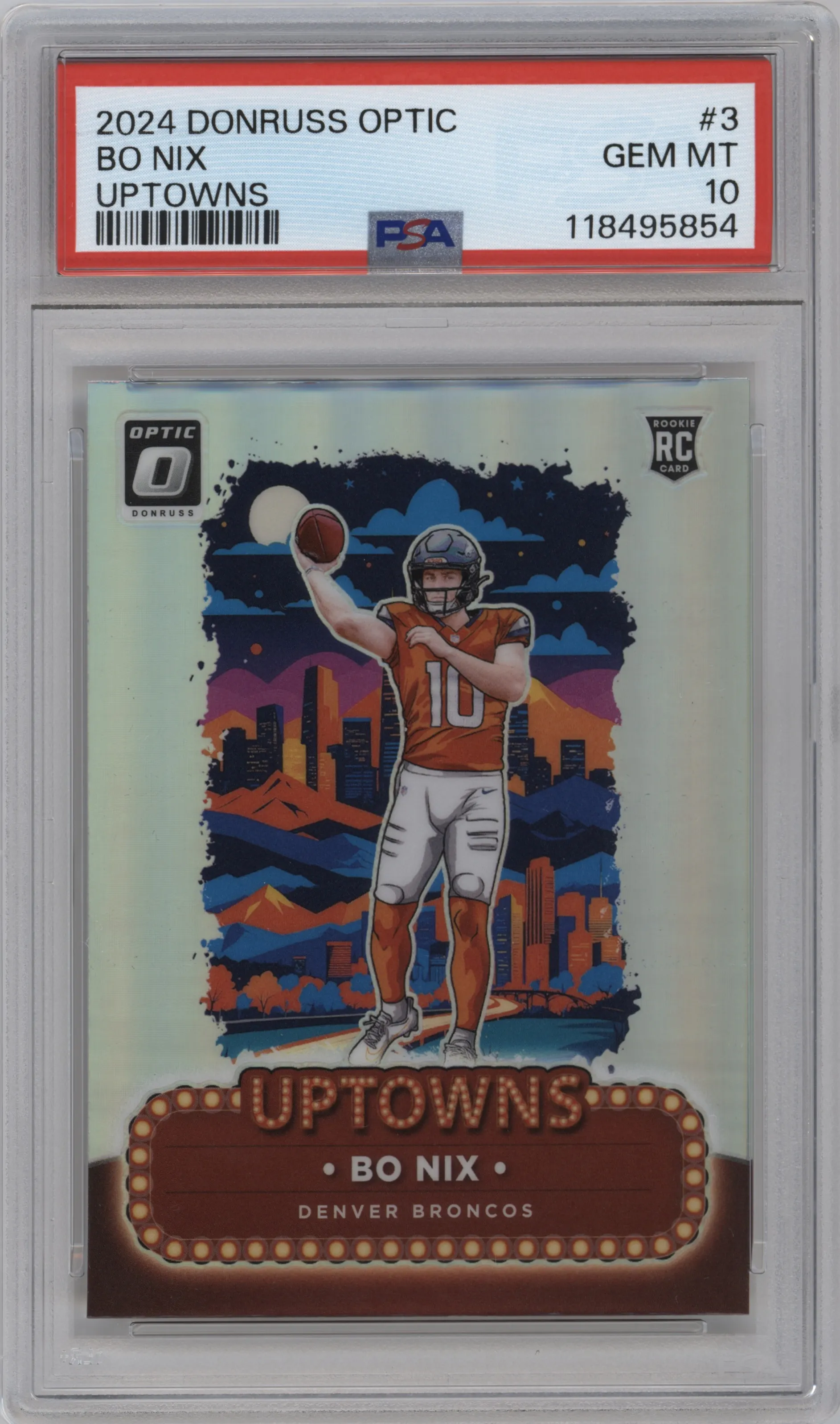 Bo Nix from the 2024 Donruss Optic set graded by PSA and given an overall grade of 10.