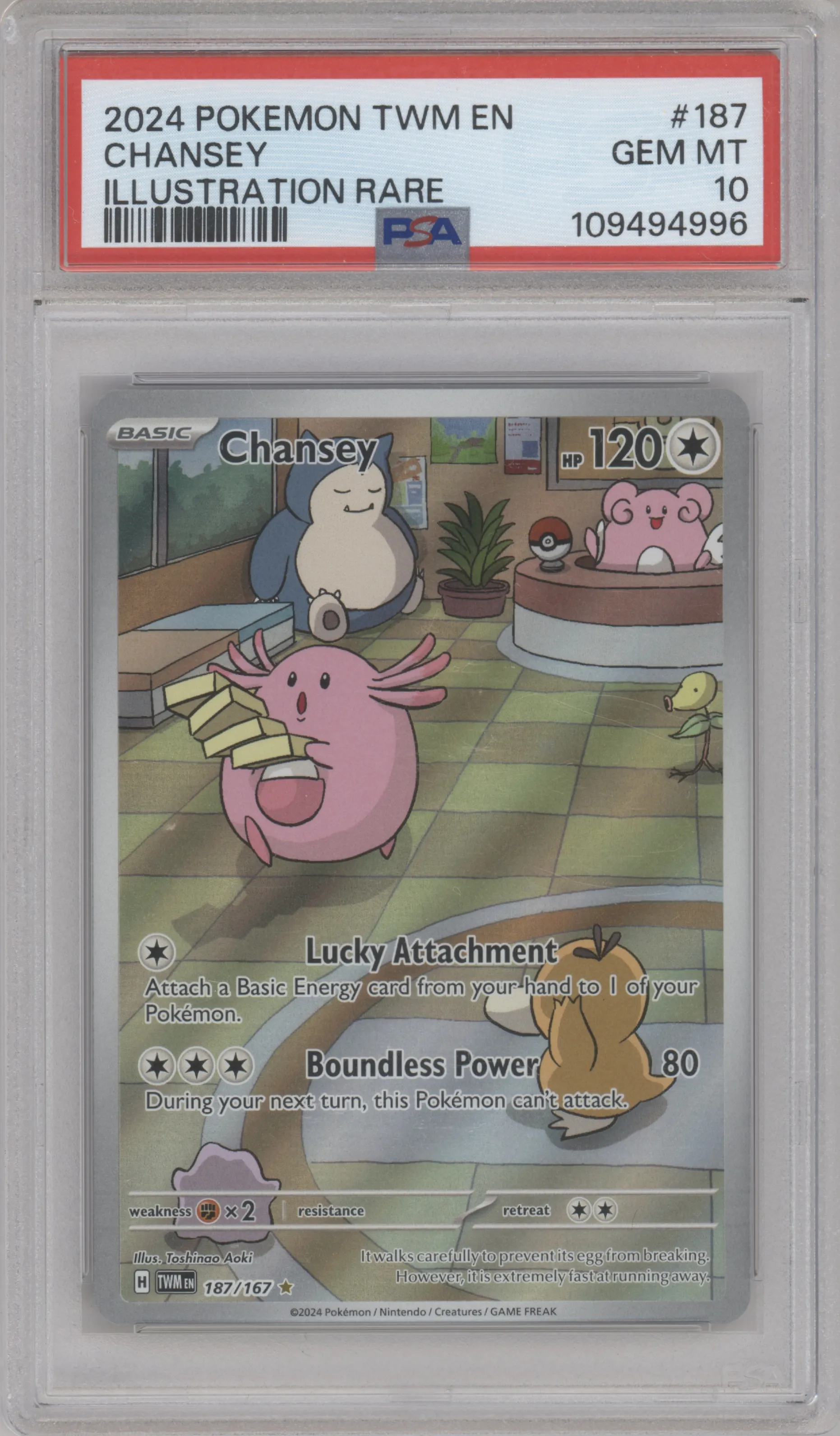 Chansey from the 2024 Pokemon SV set graded by PSA and given an overall grade of 10.