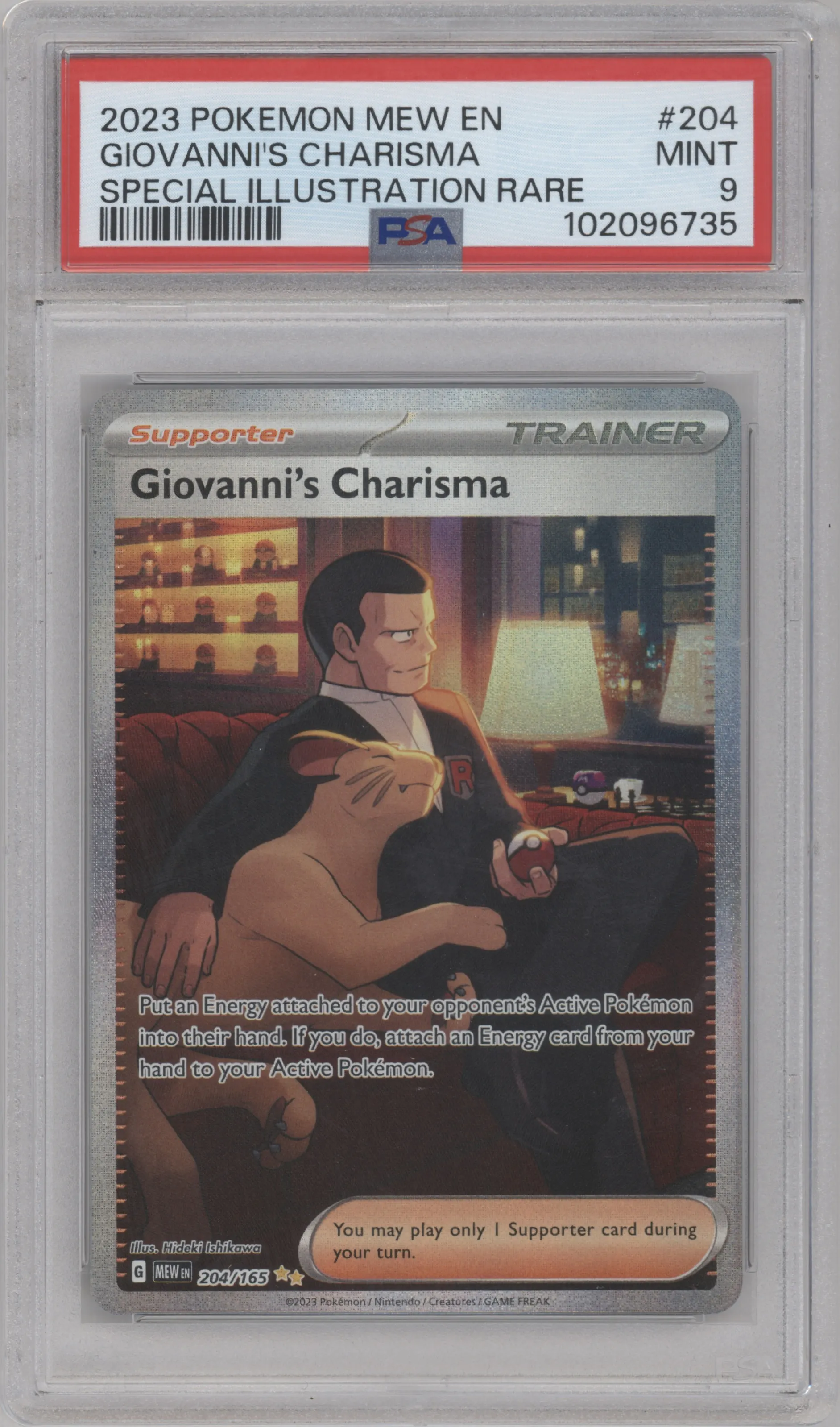 Giovanni's Charisma from the 2023 Pokemon SV set graded by PSA and given an overall grade of 9.
