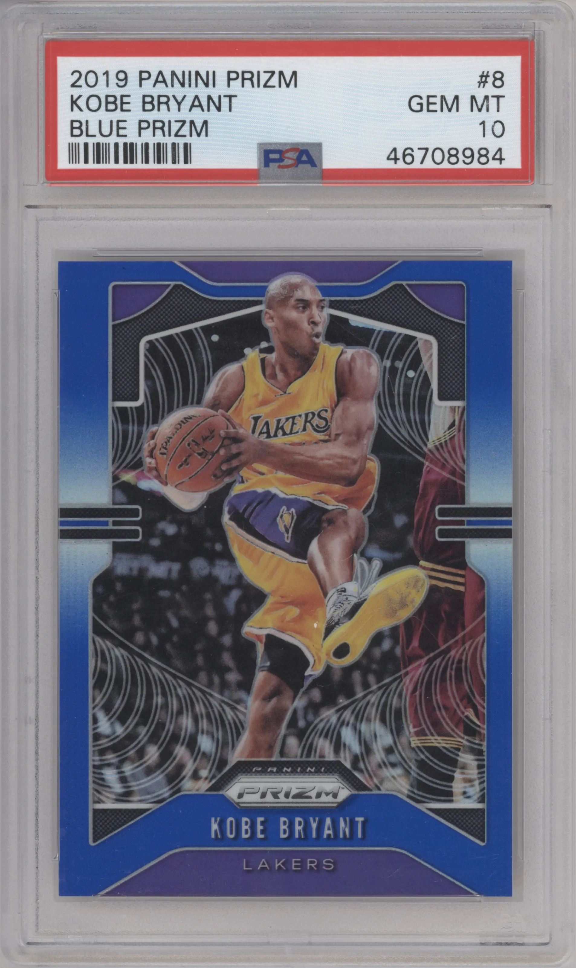 Kobe Bryant from the 2019-20 Panini Prizm set featuring a Blue Prizm parallel graded by PSA and given an overall grade of 10.