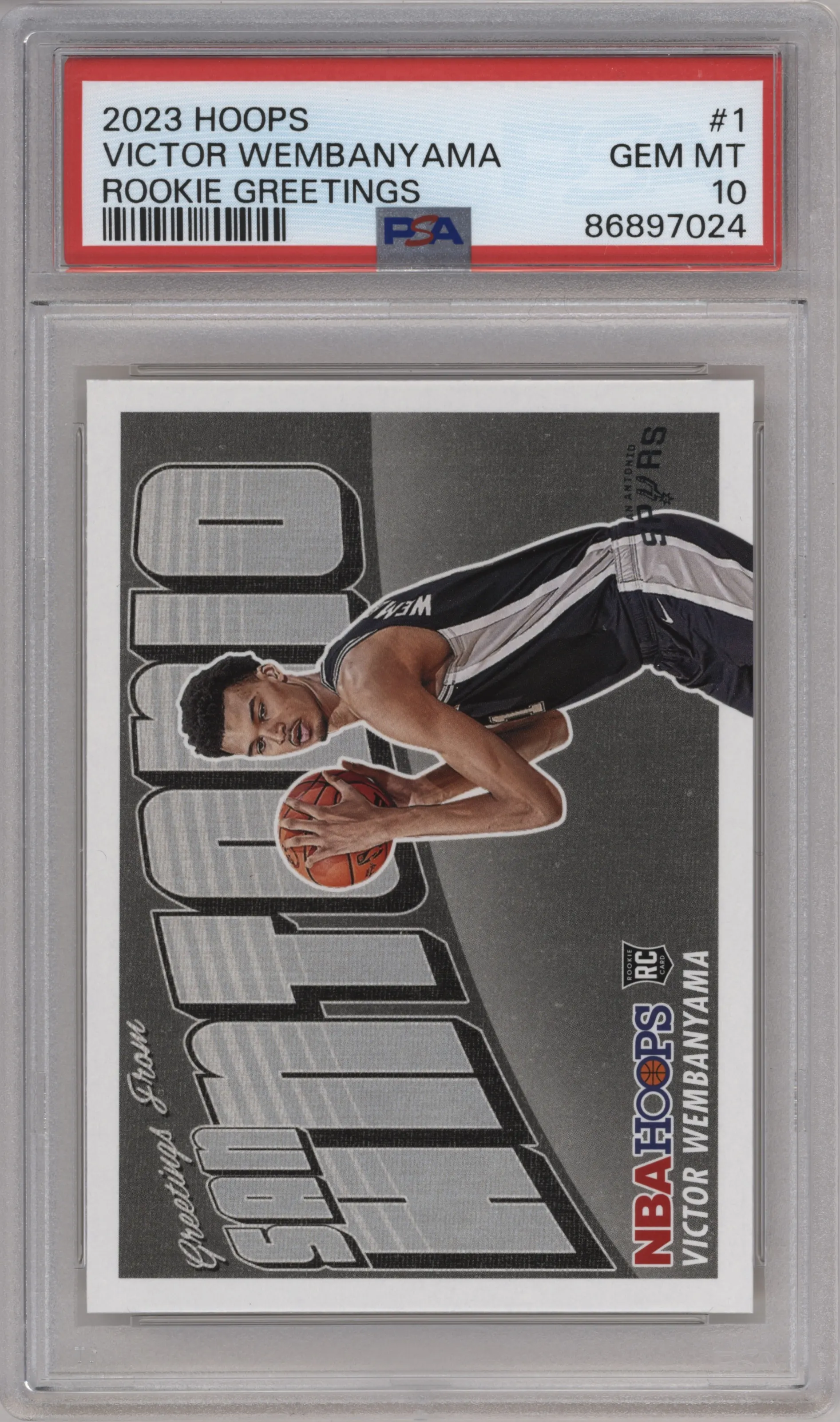 Victor Wembanyama from the 2023-24 Panini NBA Hoops set graded by PSA and given an overall grade of 10.