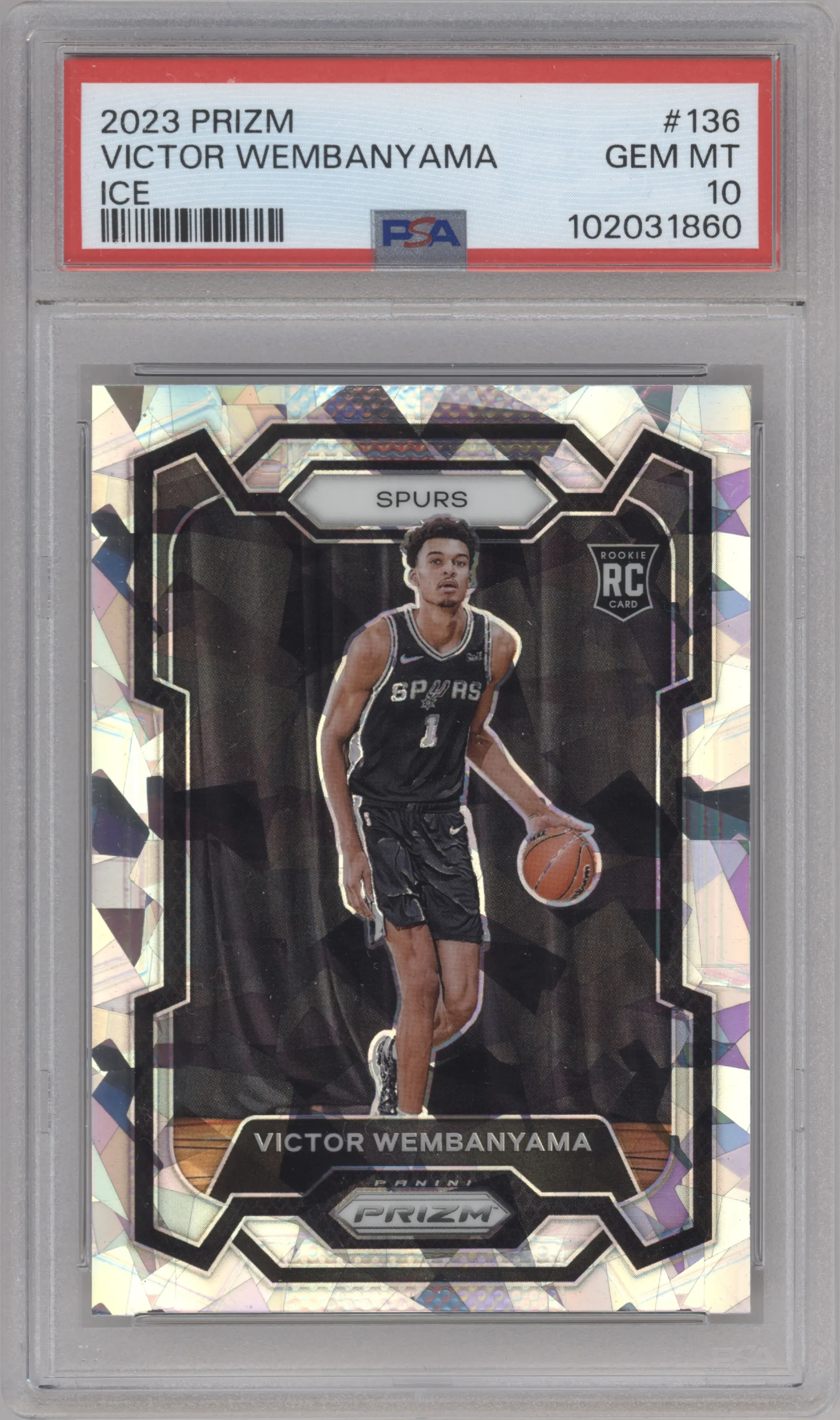 Victor Wembanyama from the 2023-24 Panini Prizm set featuring a Ice Prizm parallel graded by PSA and given an overall grade of 10.