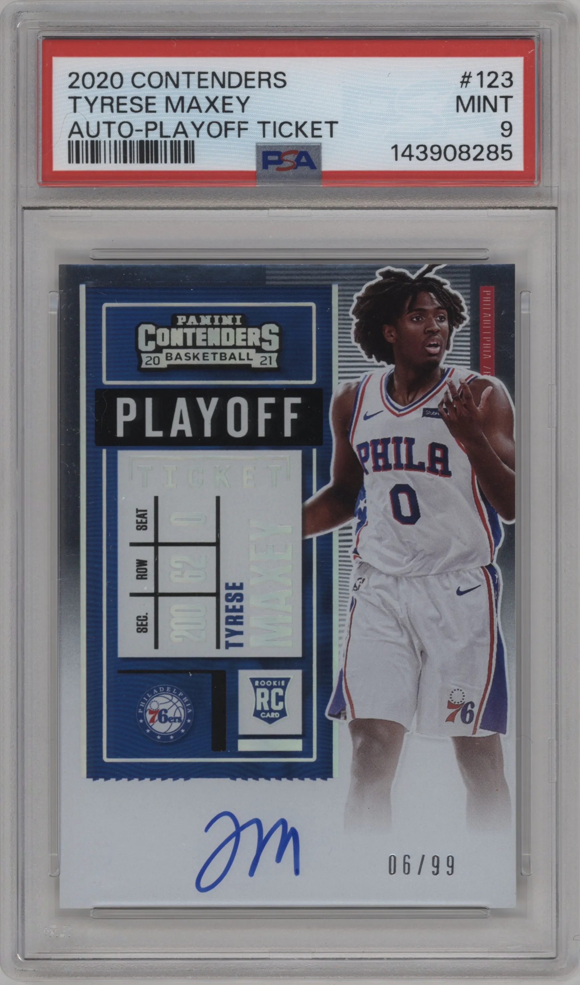 2020 Panini Contenders Rke.Tkt.Auto Tyrese Maxey Ticket Playoff #123 PSA 9