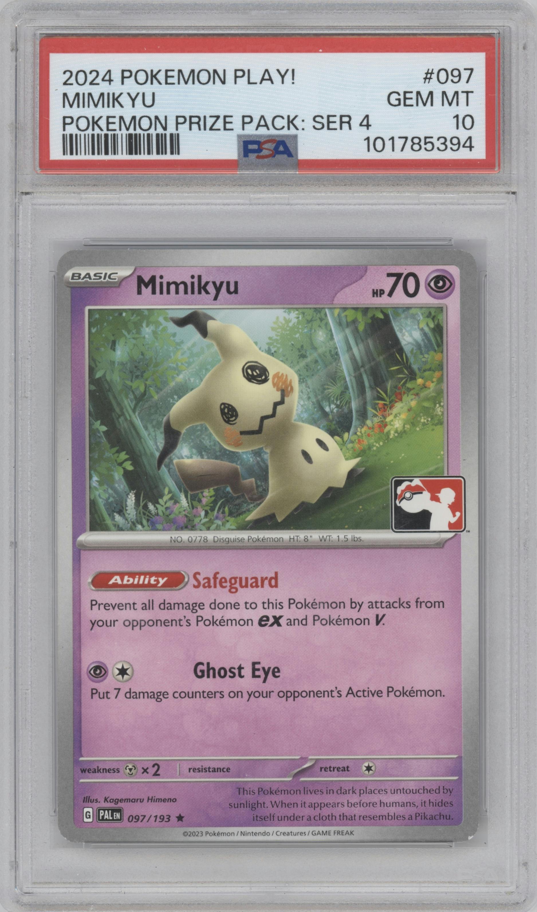 Mimikyu from the 2024 Pokemon Play! set graded by PSA and given an overall grade of 10.
