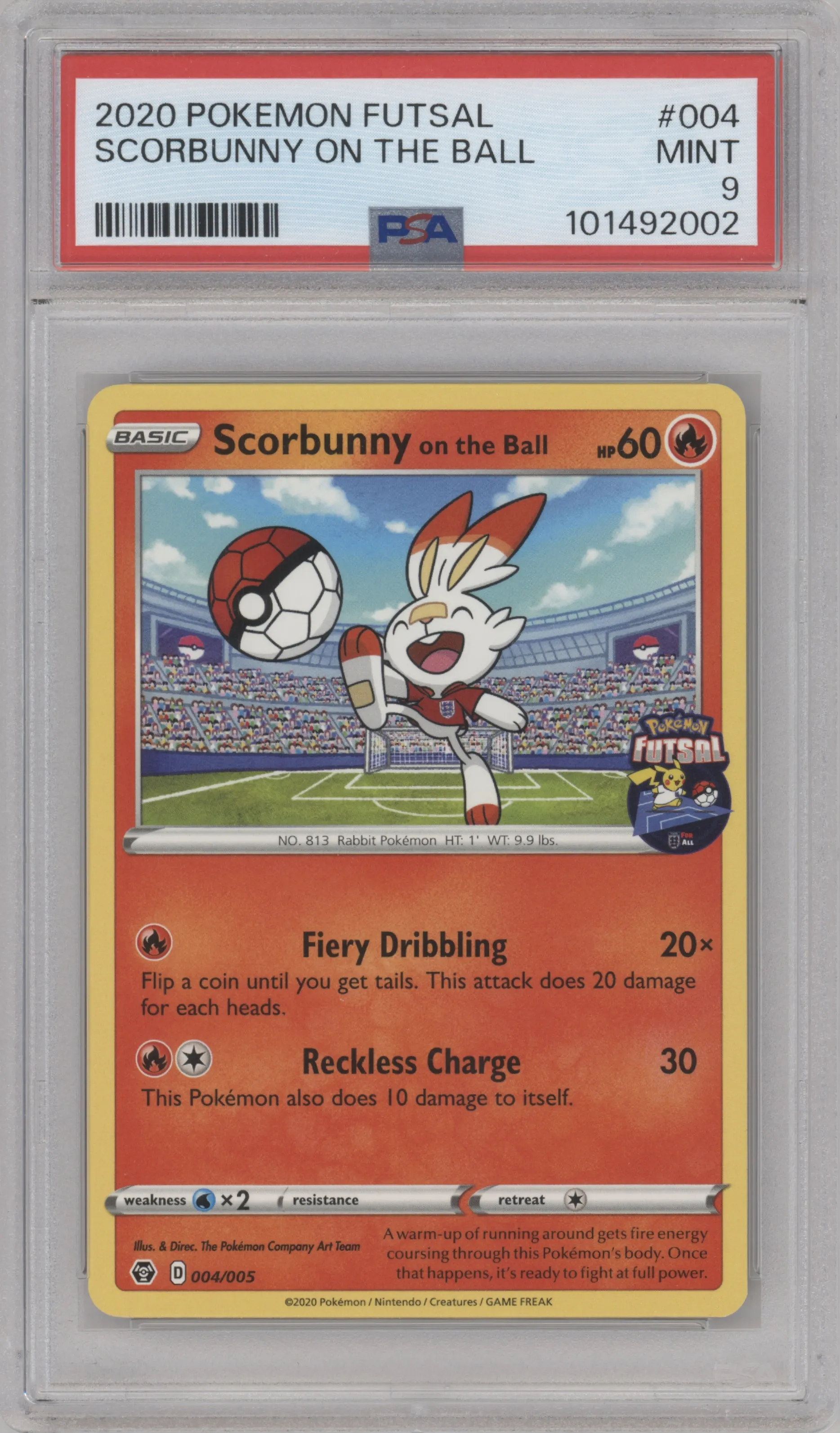Scorbunny on the Ball from the 2020 Pokemon Futsal set graded by PSA and given an overall grade of 9.