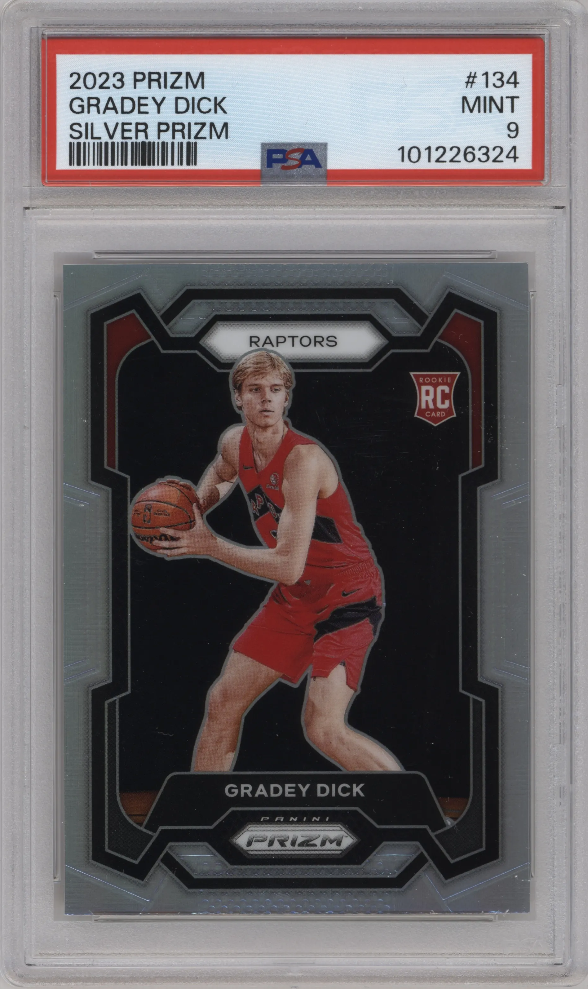 Gradey Dick from the 2023-24 Panini Prizm set featuring a Silver Prizm  parallel graded by PSA and given an overall grade of 9.