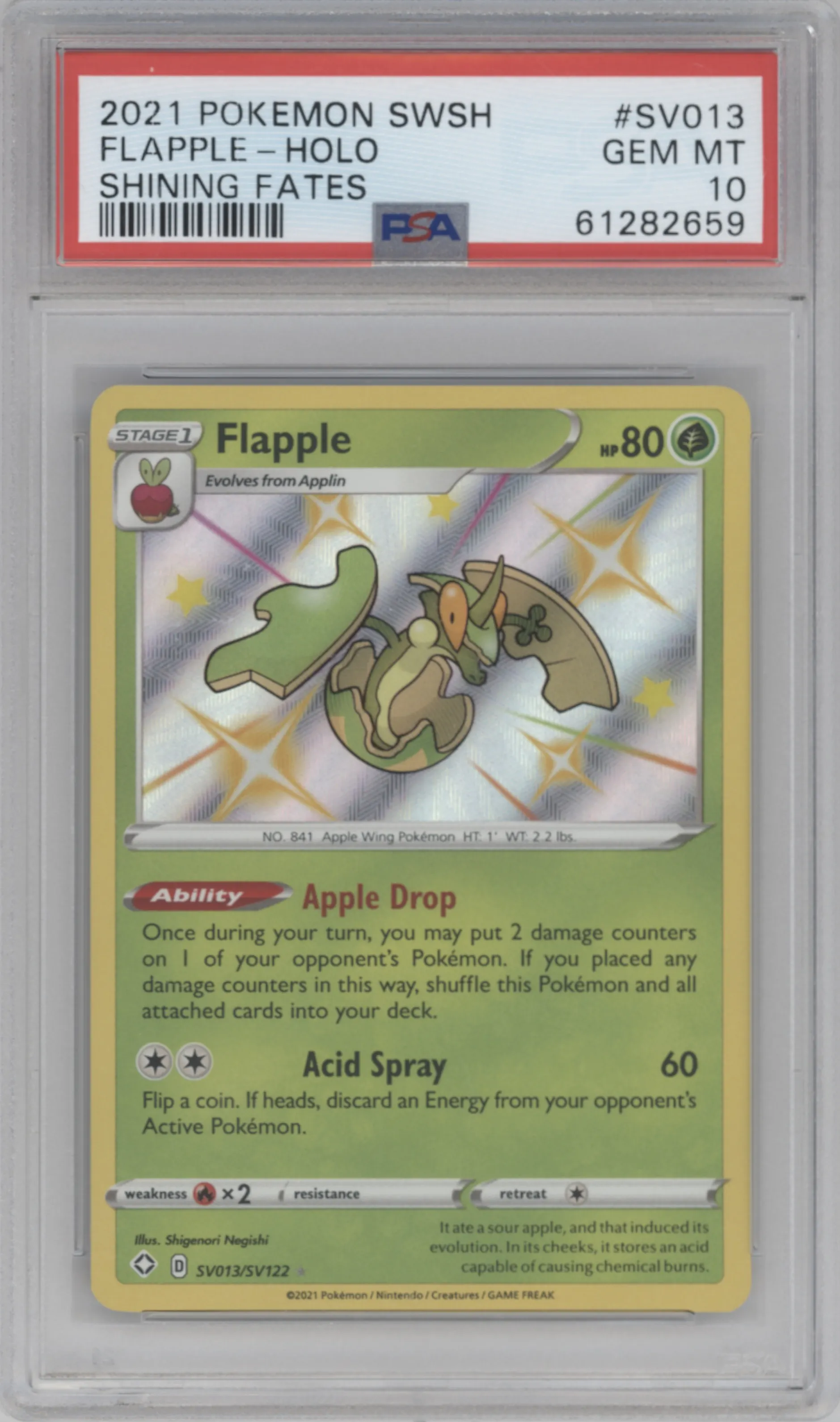 Flapple from the 2021 Pokemon SWSH set graded by PSA and given an overall grade of 10.