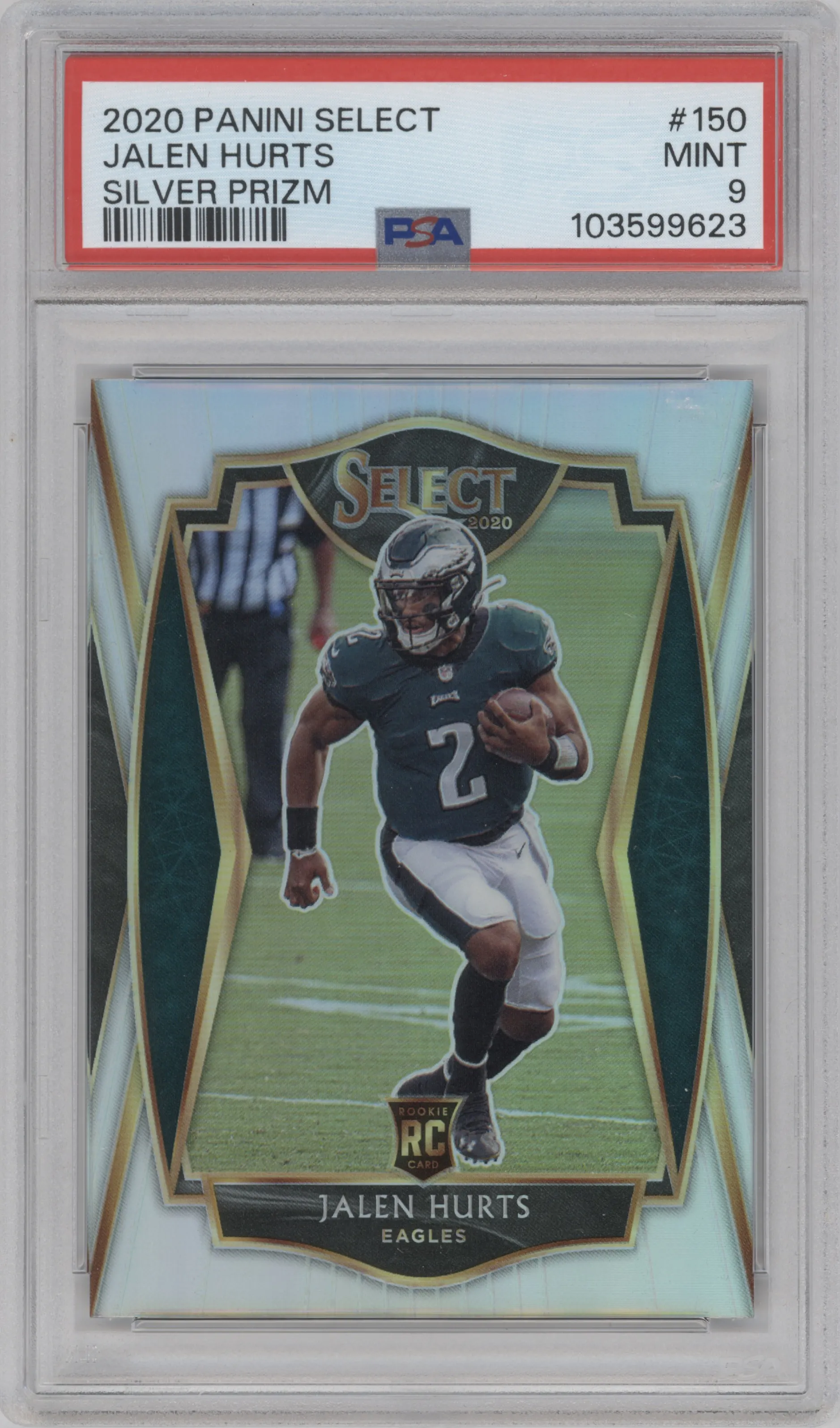 Jalen Hurts from the 2020 Panini Select set featuring a Silver Prizm parallel graded by PSA and given an overall grade of 9.