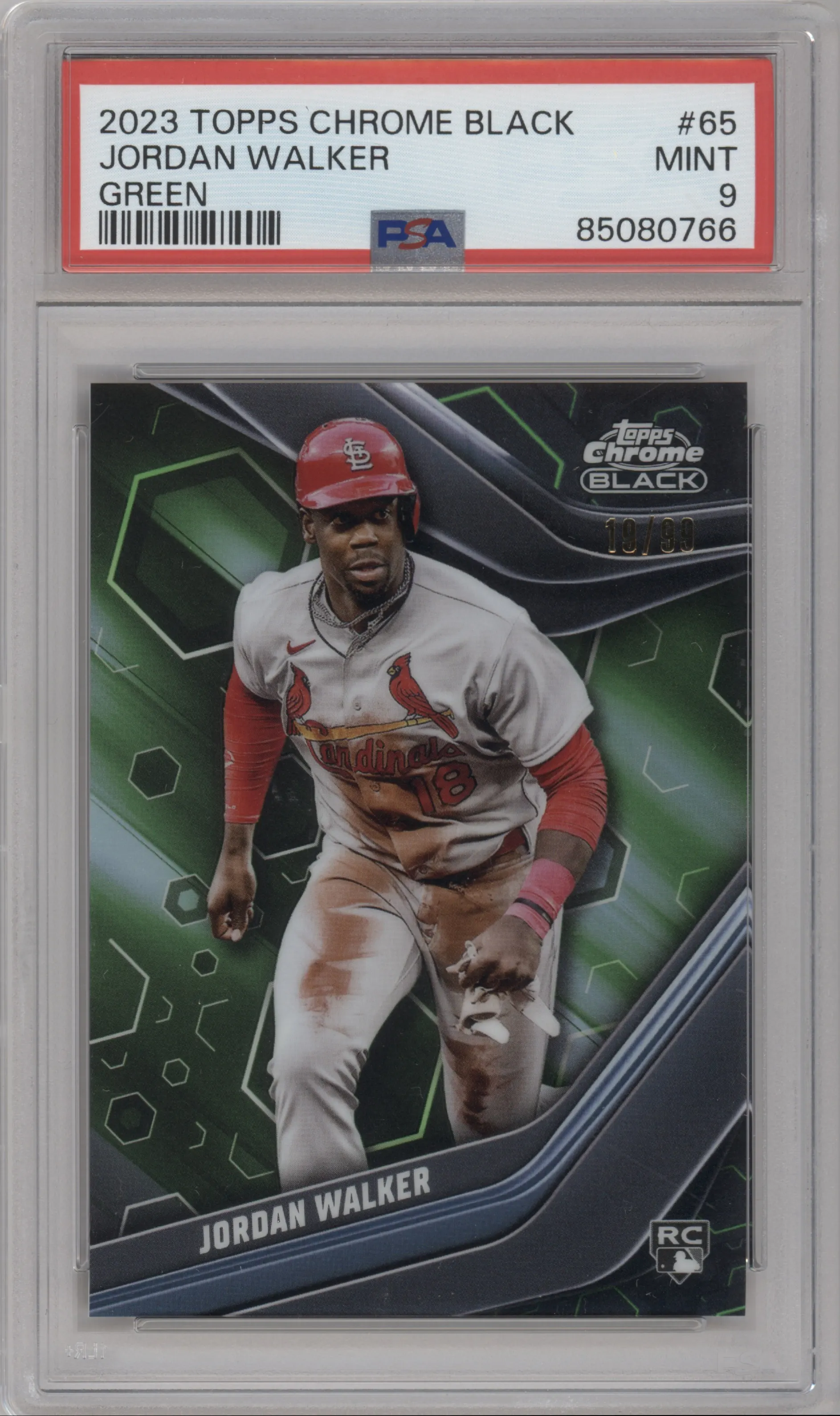 Jordan Walker from the 2023 Topps Chrome Black set featuring a Green Refractor parallel graded by PSA and given an overall grade of 9.